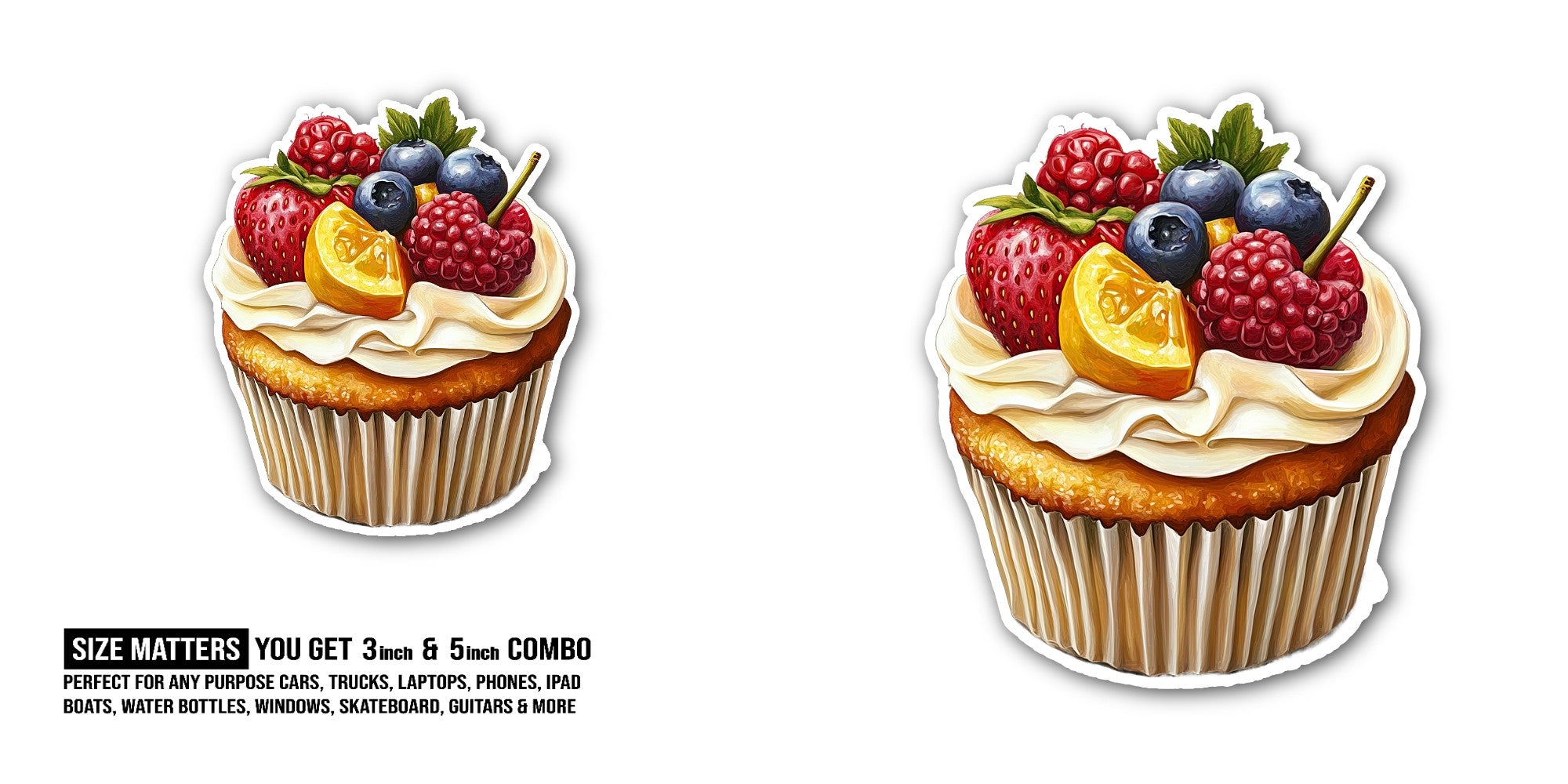 cupcake topped with white frosting Sticker, Waterproof Vinyl Decal Sticker Indoor Or Outdoor 2 (Pieces) 3" and 5"