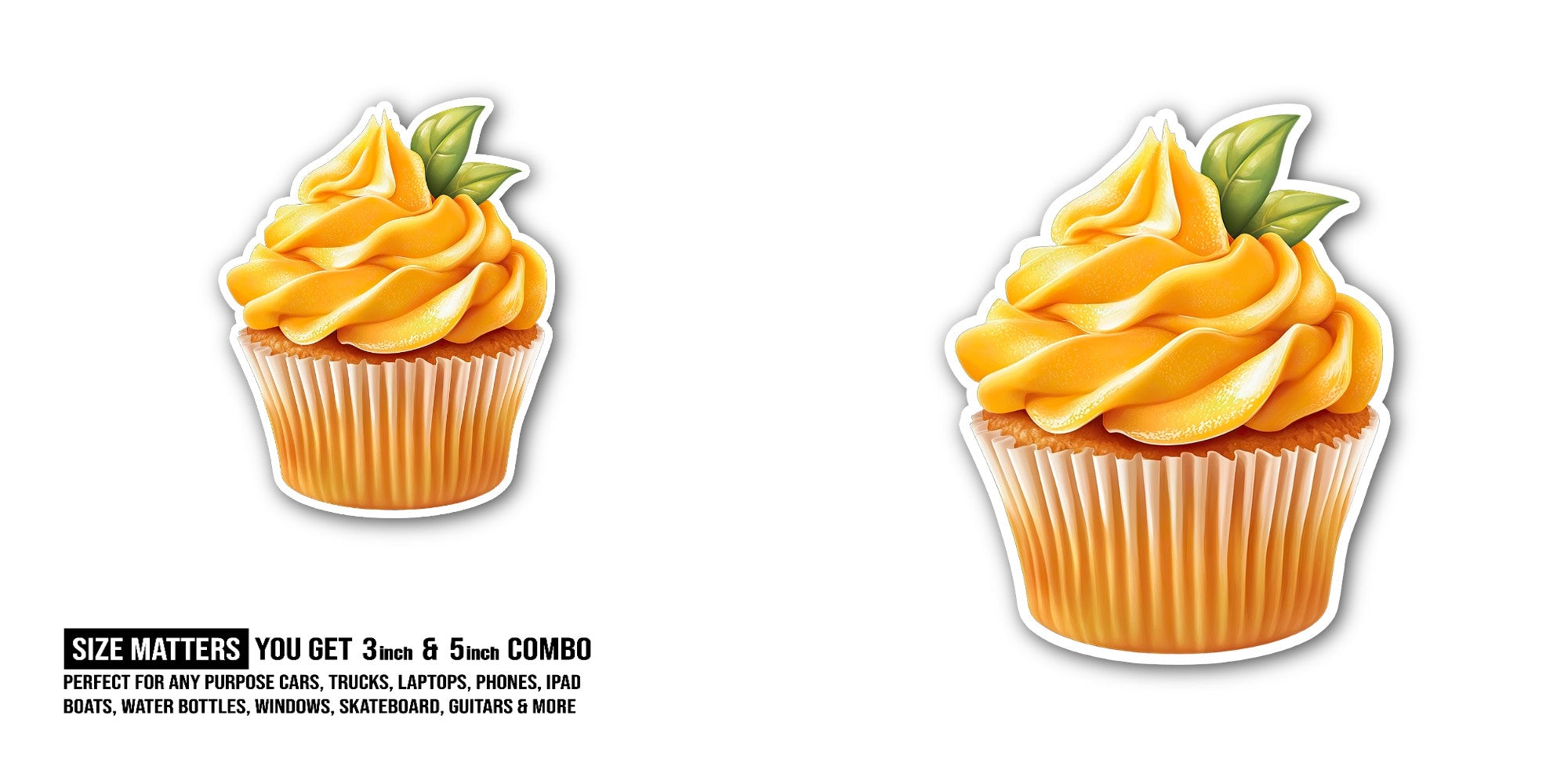 mango-flavored cupcake  Sticker, Waterproof Vinyl Decal Sticker Indoor Or Outdoor 2 (Pieces) 3" and 5"