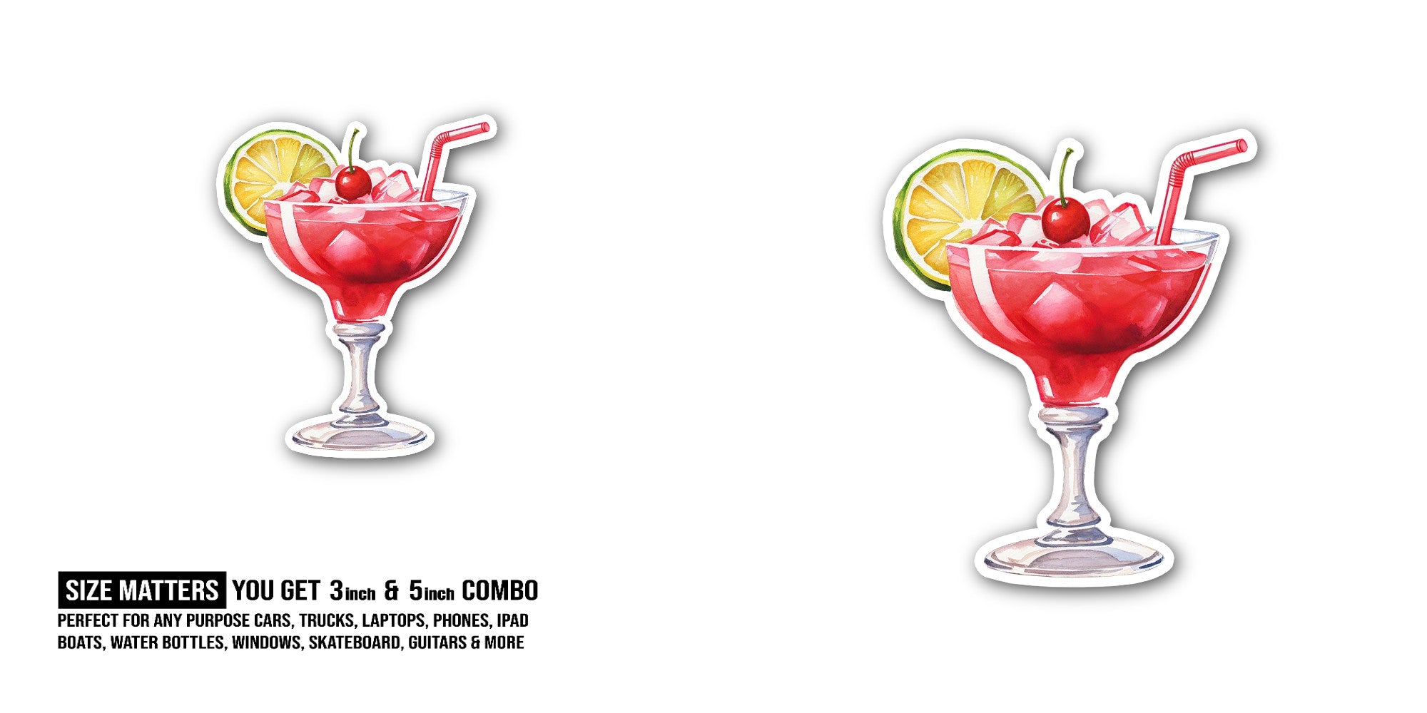cherry Cocktail Glass Sticker, Waterproof Vinyl Decal Sticker Indoor Or Outdoor 2 (Pieces) 3" and 5"
