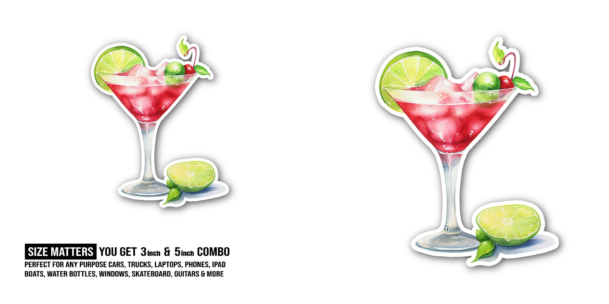 Glass of pink cocktail With Lemon Sticker, Waterproof Vinyl Decal Sticker Indoor Or Outdoor 2 (Pieces) 3" and 5"