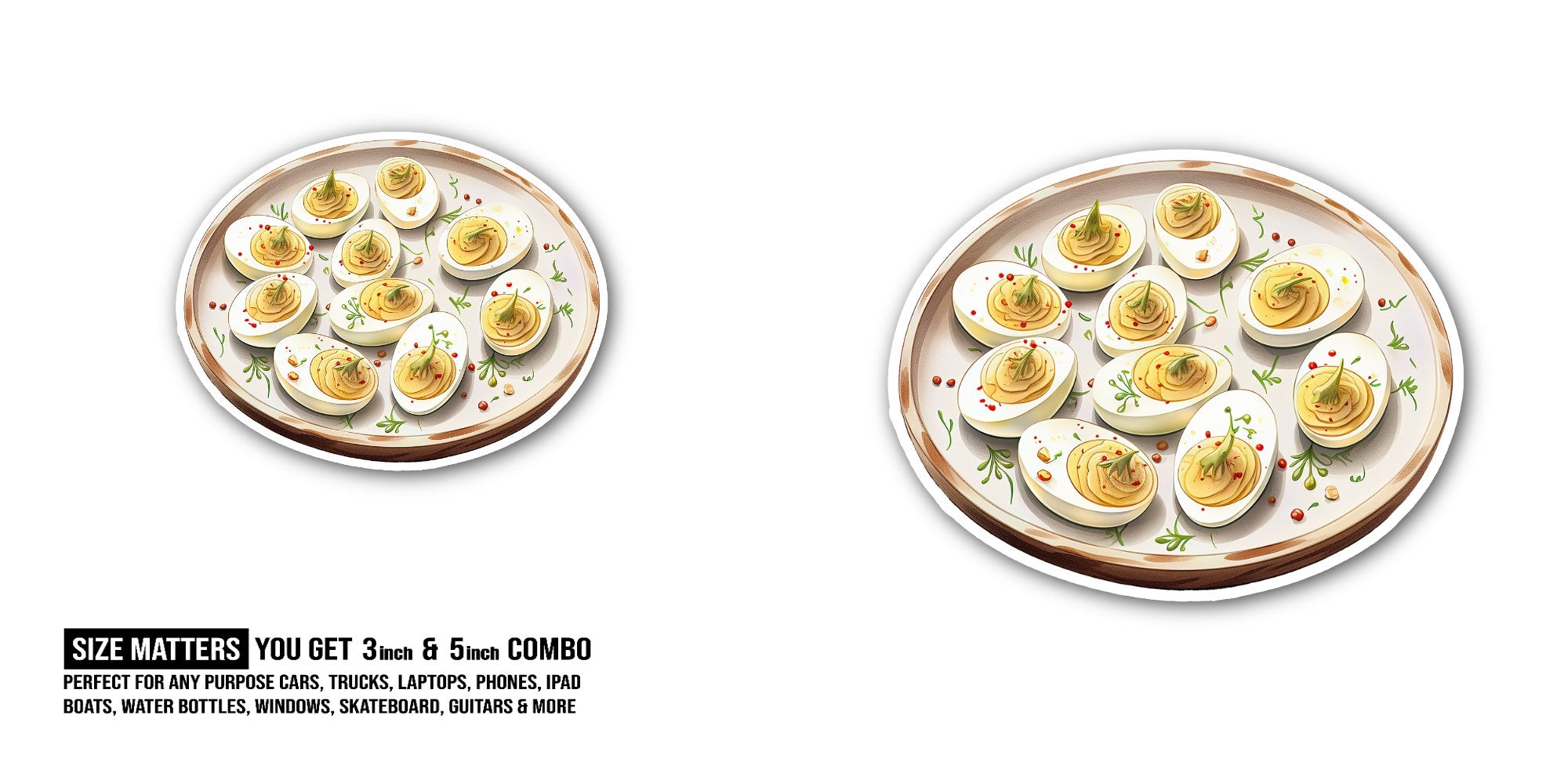 Deviled eggs Plate Sticker, Waterproof Vinyl Decal Sticker Indoor Or Outdoor 2 (Pieces) 3" and 5"