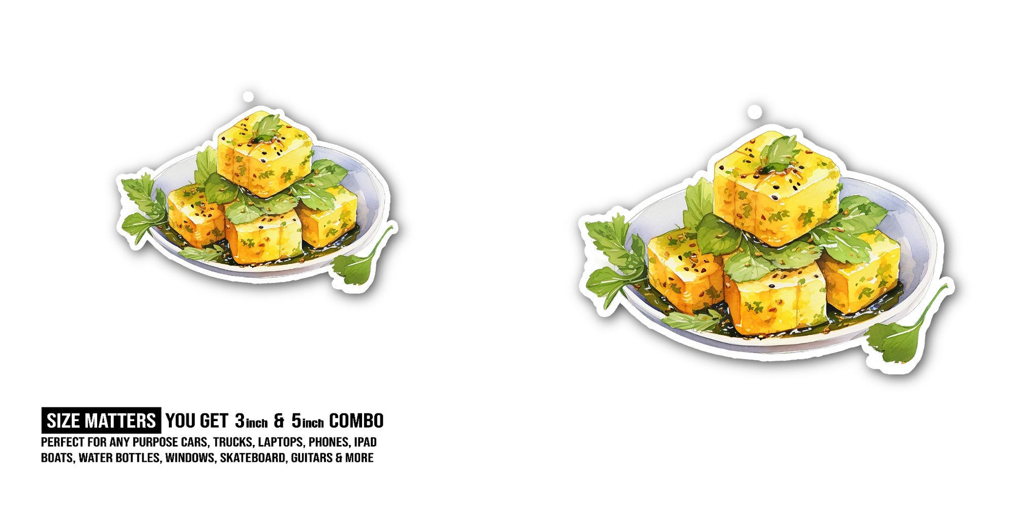 Tasty Dhokla Plate Sticker, Waterproof Vinyl Decal Sticker Indoor Or Outdoor 2 (Pieces) 3" and 5"