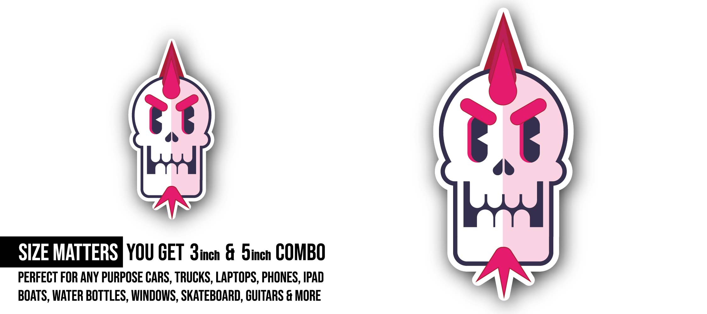 Skull Head Sticker, Waterproof Vinyl Decal Sticker Indoor Or Outdoor 2 (Pieces) 3" and 5"