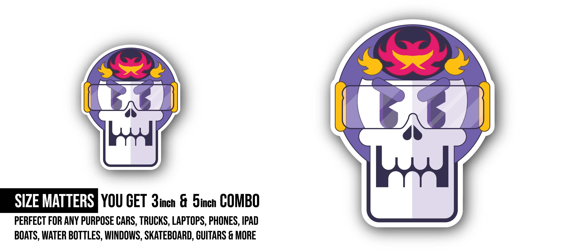 Flaming Skull Sticker, Waterproof Vinyl Decal Sticker Indoor Or Outdoor 2 (Pieces) 3" and 5"