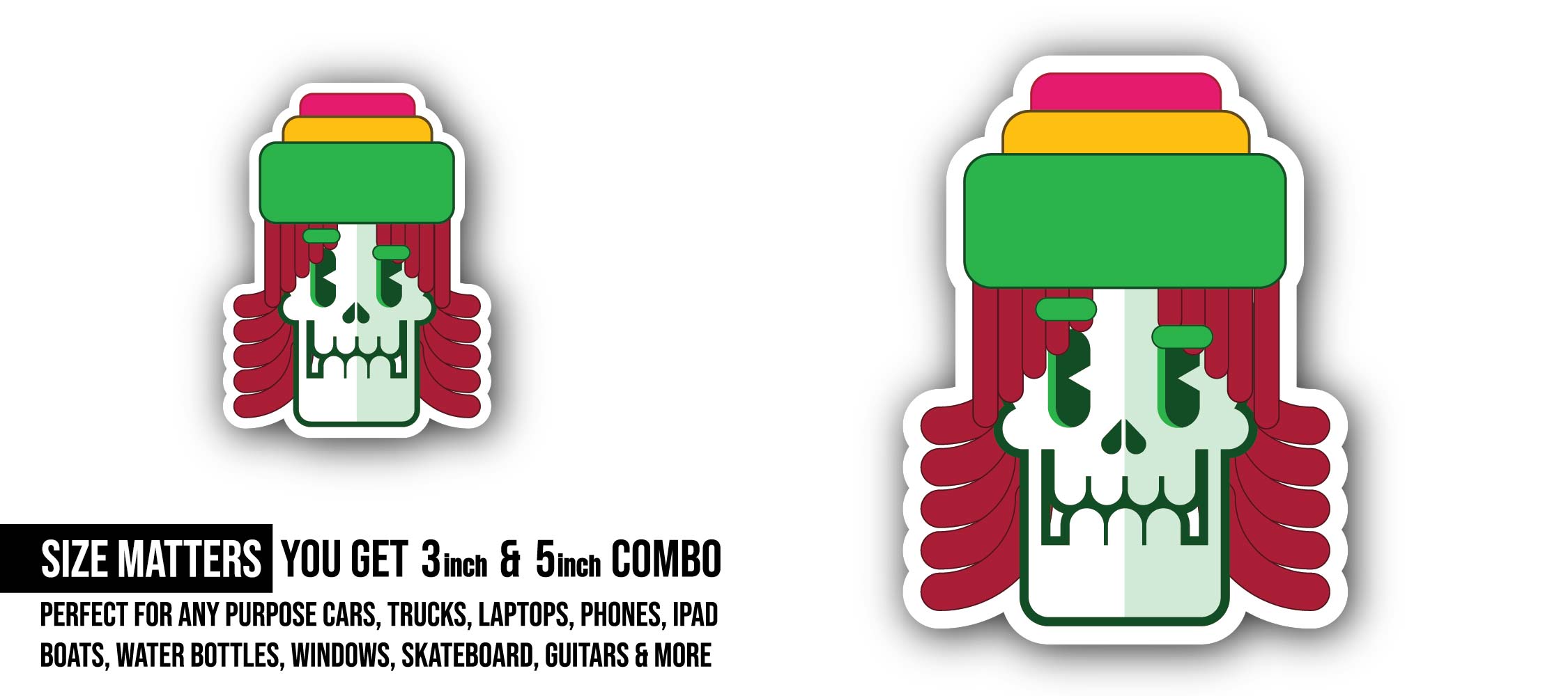 Stoner Skull Head Sticker, Waterproof Vinyl Decal Sticker Indoor Or Outdoor 2 (Pieces) 3" and 5"