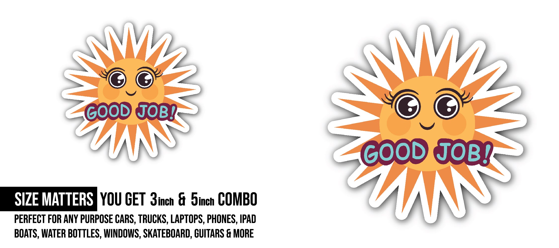 Cute Sun Sticker, Waterproof Vinyl Decal Sticker Indoor Or Outdoor 2 (Pieces) 3" and 5"