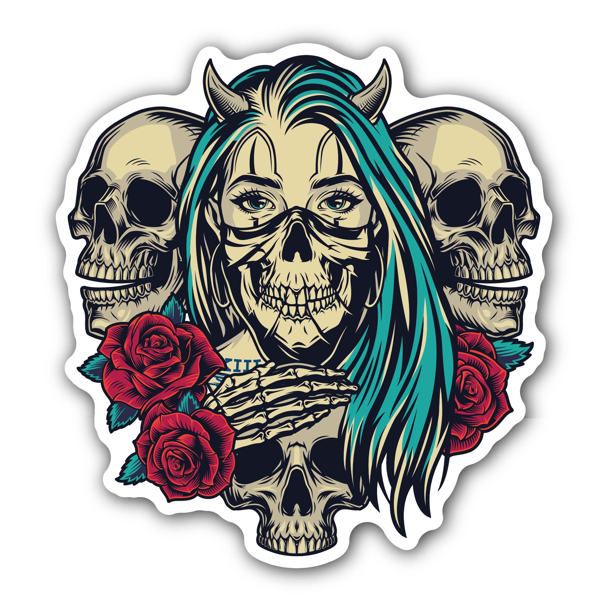Skulls and Roses Sticker, Waterproof Vinyl Decal Sticker Indoor Or Outdoor 2 (Pieces) 3" and 5"