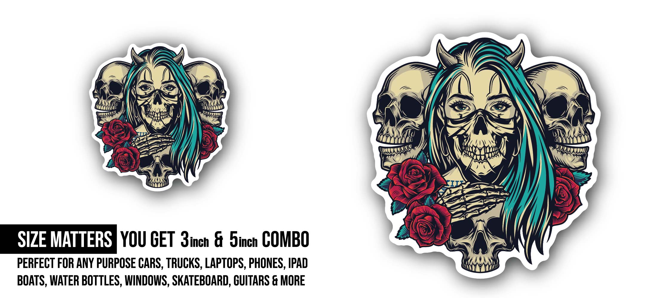 Skulls and Roses Sticker, Waterproof Vinyl Decal Sticker Indoor Or Outdoor 2 (Pieces) 3" and 5"
