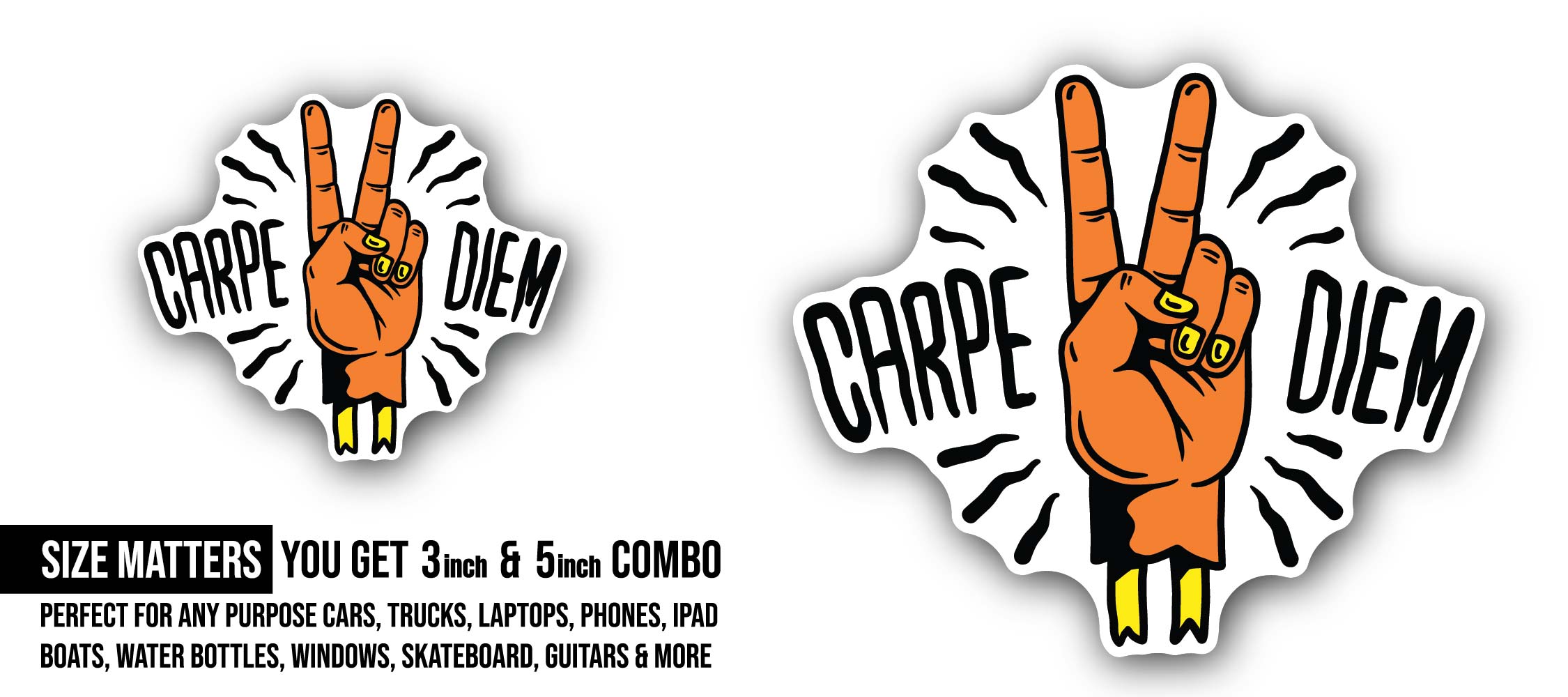 Carpe Diem Sticker, Waterproof Vinyl Decal Sticker Indoor Or Outdoor 2 (Pieces) 3" and 5"