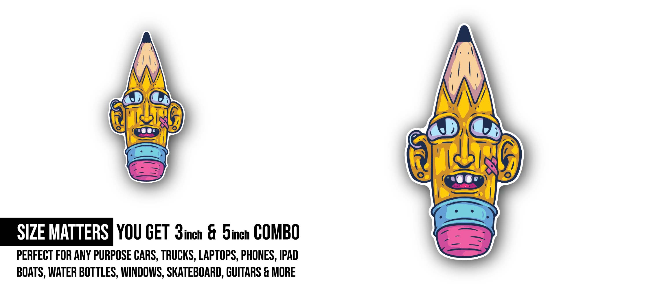 Funky Pen Doodle Sticker, Waterproof Vinyl Decal Sticker Indoor Or Outdoor 2 (Pieces) 3" and 5"