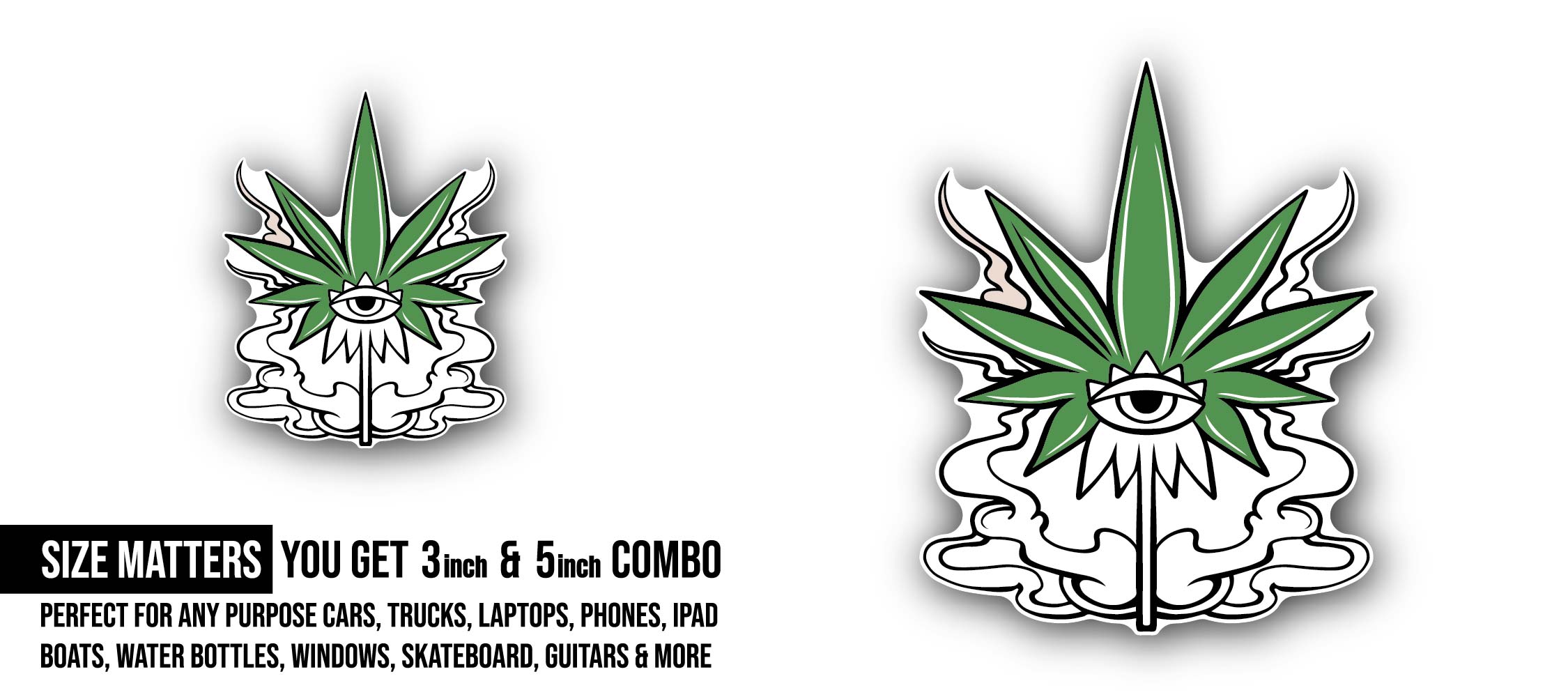 Stoned Weed Leaf Sticker, Waterproof Vinyl Decal Sticker Indoor Or Outdoor 2 (Pieces) 3" and 5"