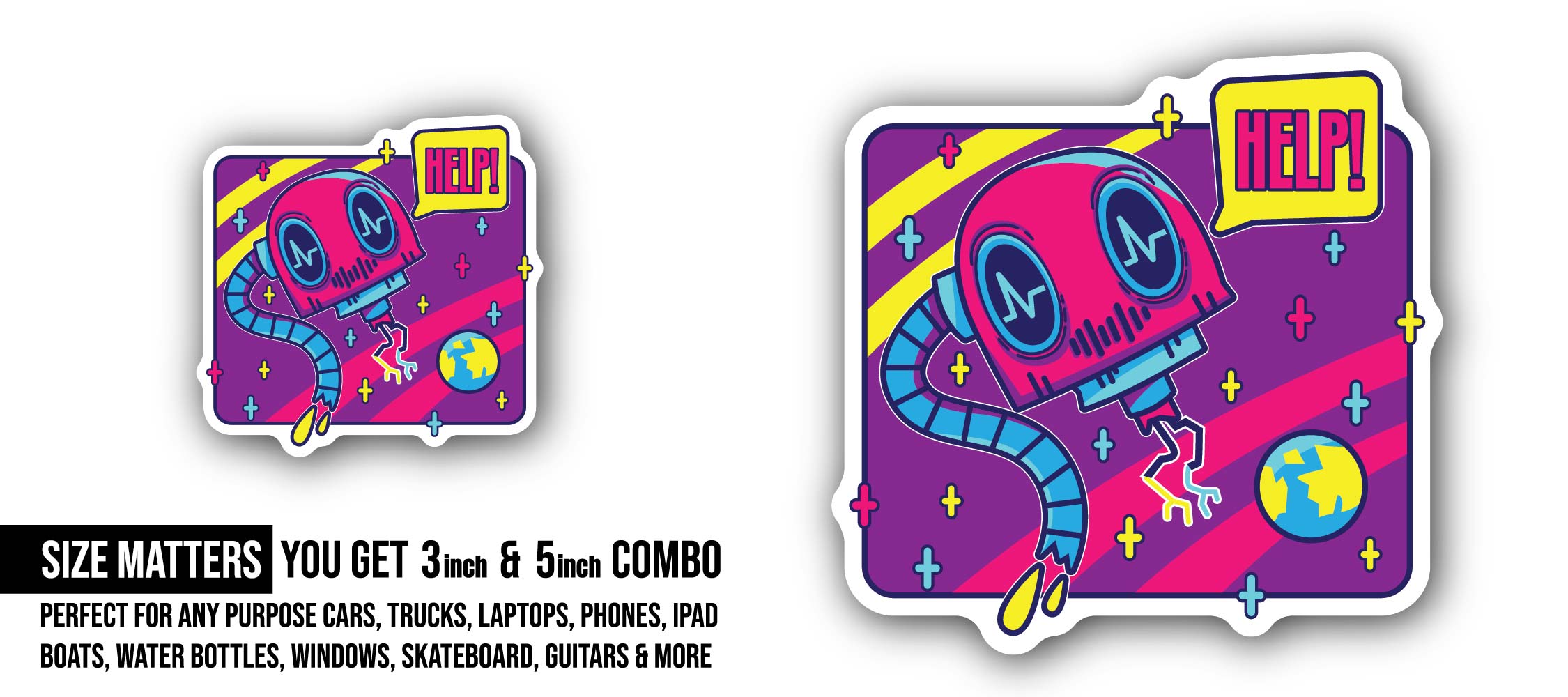 Help Sticker, Waterproof Vinyl Decal Sticker Indoor Or Outdoor 2 (Pieces) 3" and 5"