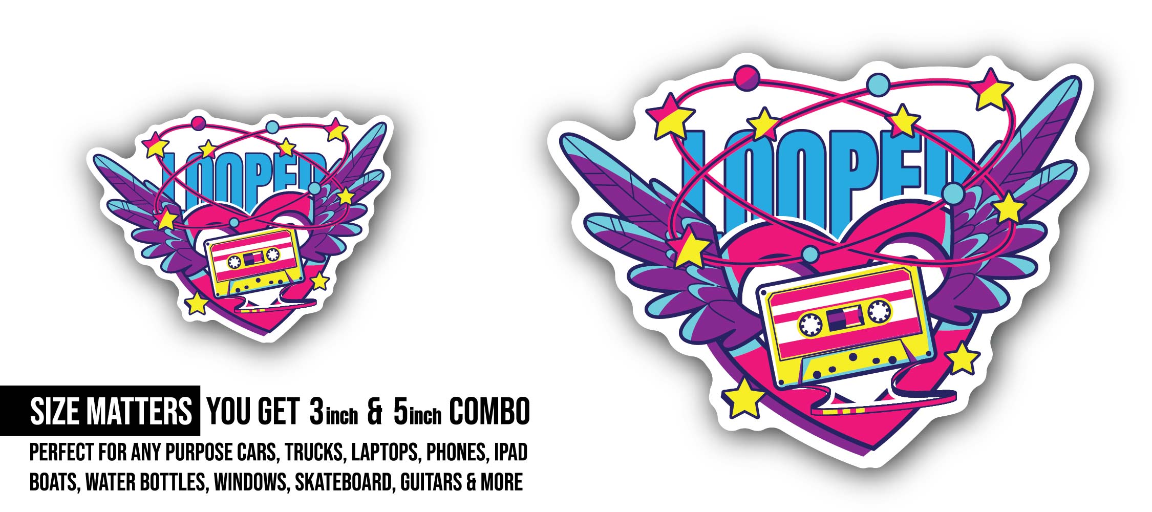Cassette Heart Sticker, Waterproof Vinyl Decal Sticker Indoor Or Outdoor 2 (Pieces) 3" and 5"