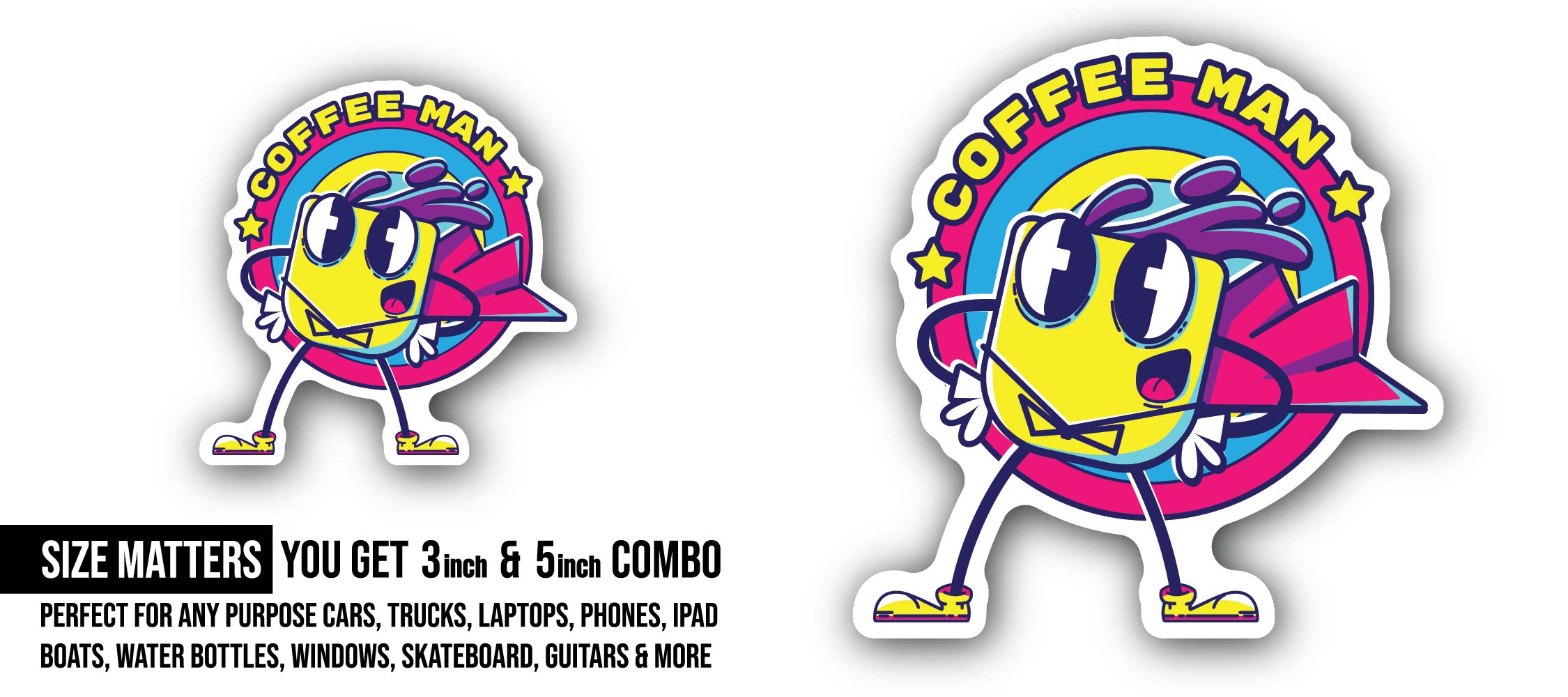 Coffee Man Sticker, Waterproof Vinyl Decal Sticker Indoor Or Outdoor 2 (Pieces) 3" and 5"