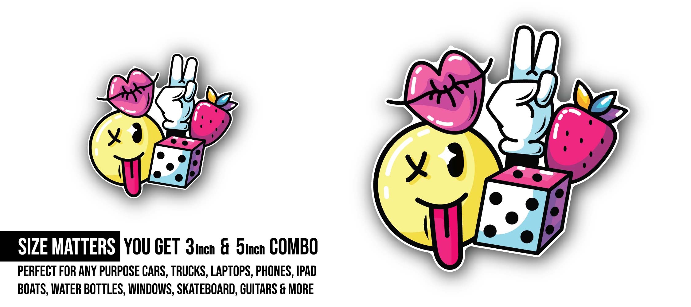 Fun and Colorful Sticker, Waterproof Vinyl Decal Sticker Indoor Or Outdoor 2 (Pieces) 3" and 5"