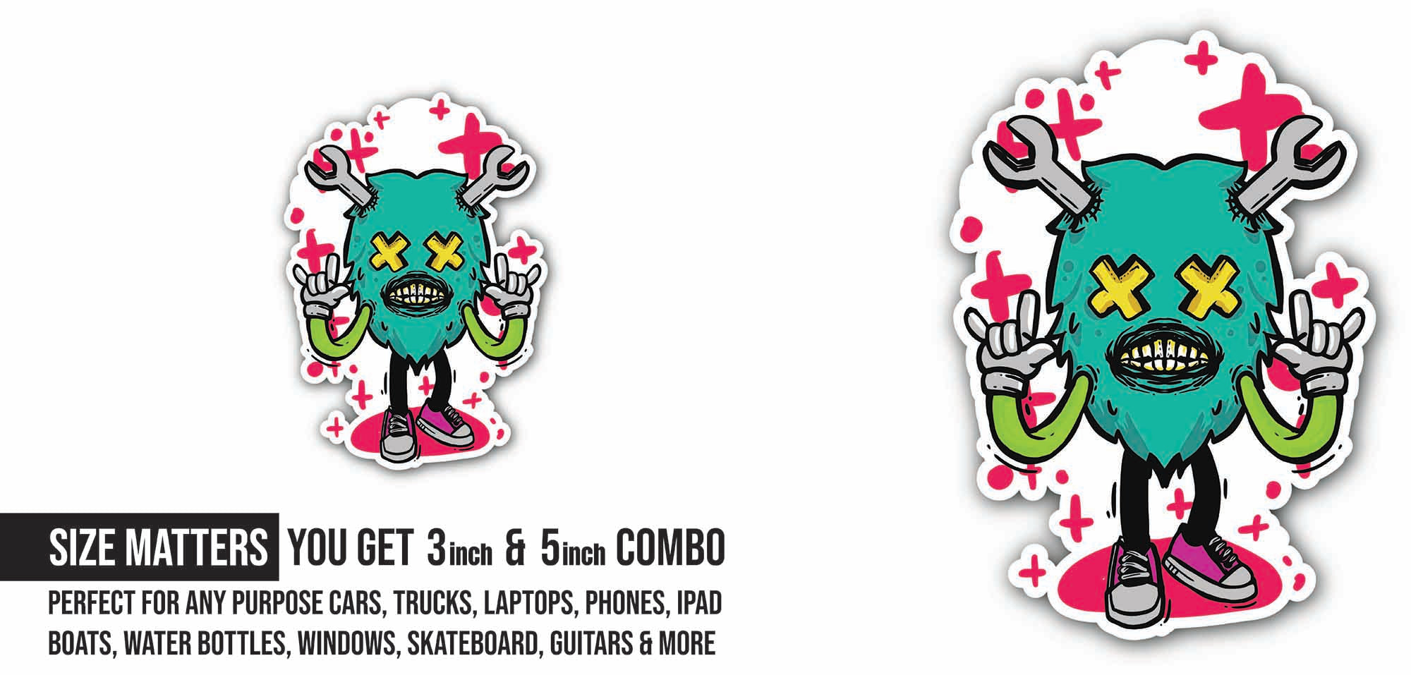 Colorful Funny and Scary Monster Sticker, Waterproof Vinyl Decal Sticker Indoor Or Outdoor 2 (Pieces) 3" and 5"