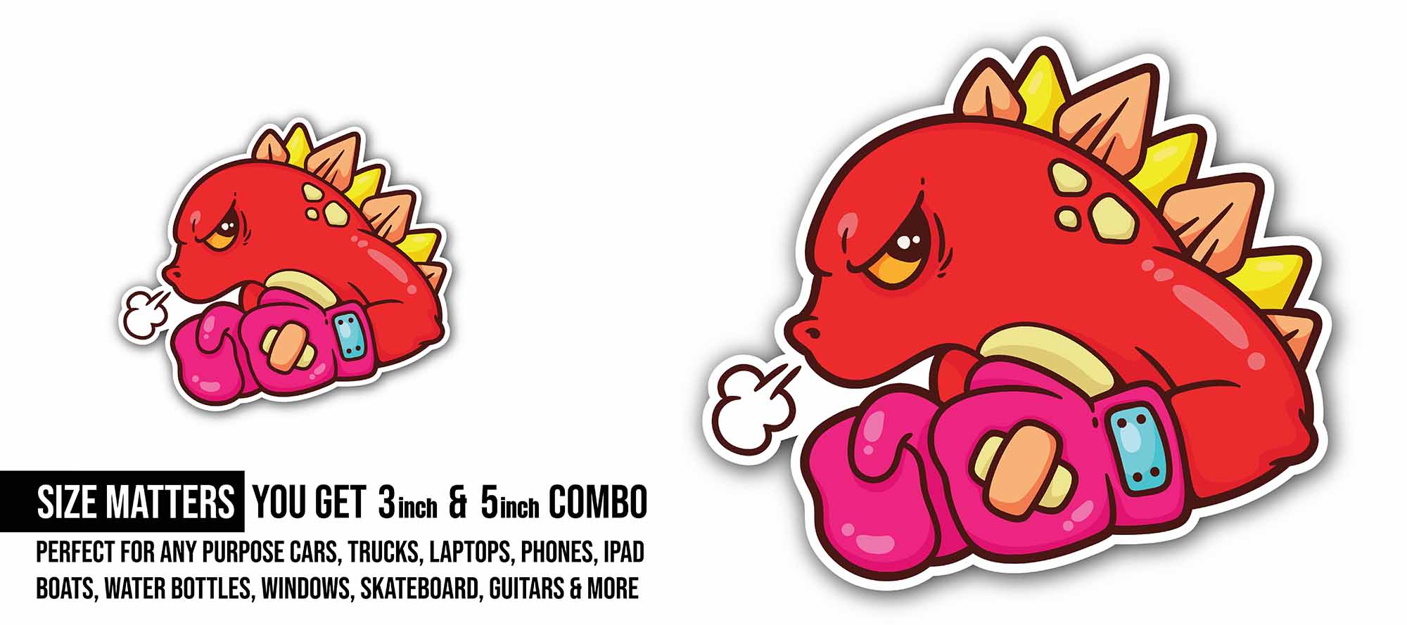 Boxing Dinosaur Sticker, Waterproof Vinyl Decal Sticker Indoor Or Outdoor 2 (Pieces) 3" and 5"