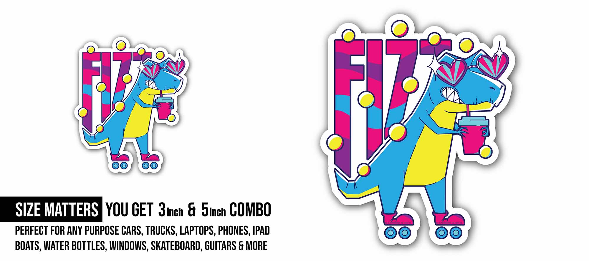 Dinosaur Milkshake Sticker, Waterproof Vinyl Decal Sticker Indoor Or Outdoor 2 (Pieces) 3" and 5"