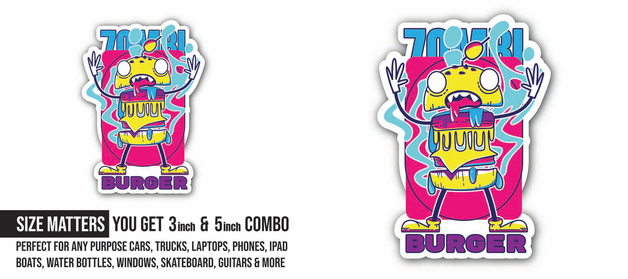 Zombie Burger Sticker, Waterproof Vinyl Decal Sticker Indoor Or Outdoor 2 (Pieces) 3" and 5"