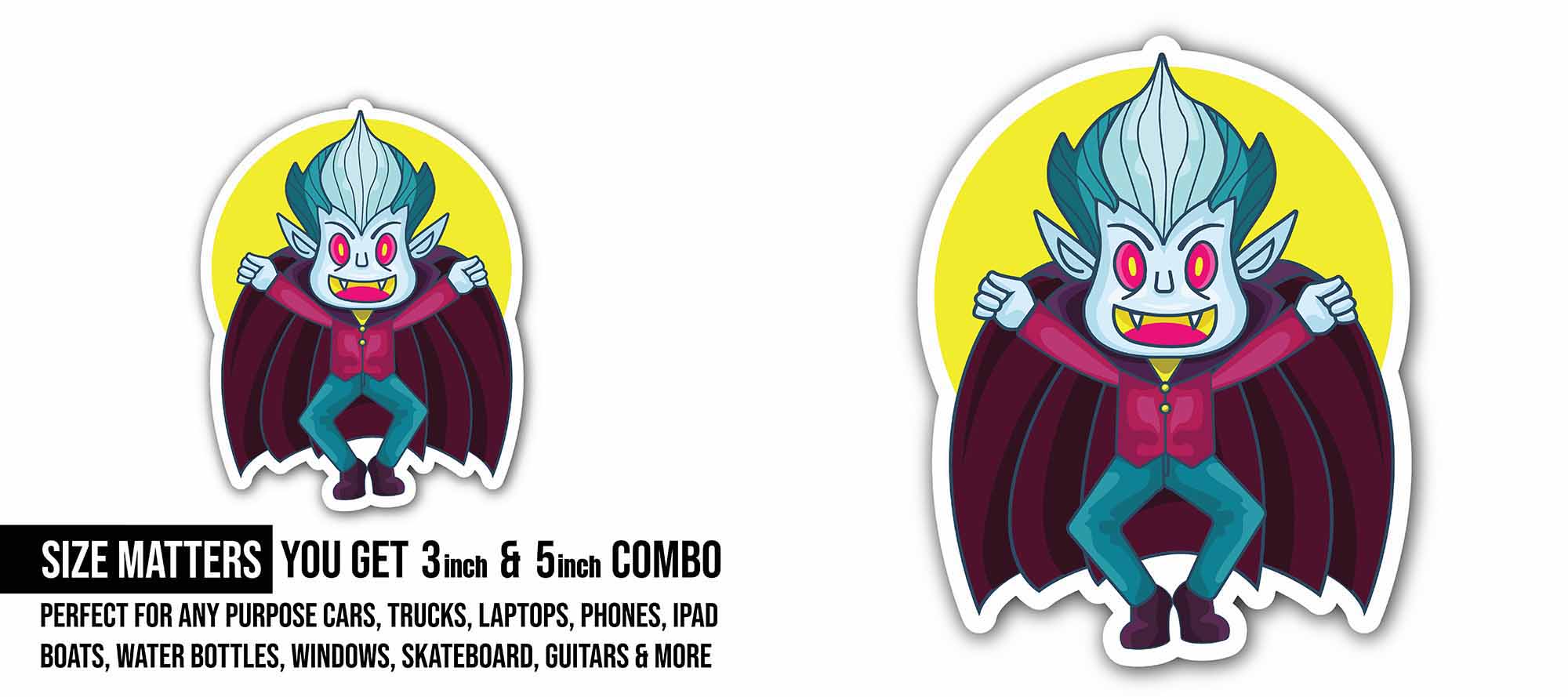 Cute Vampire Sticker, Waterproof Vinyl Decal Sticker Indoor Or Outdoor 2 (Pieces) 3" and 5"