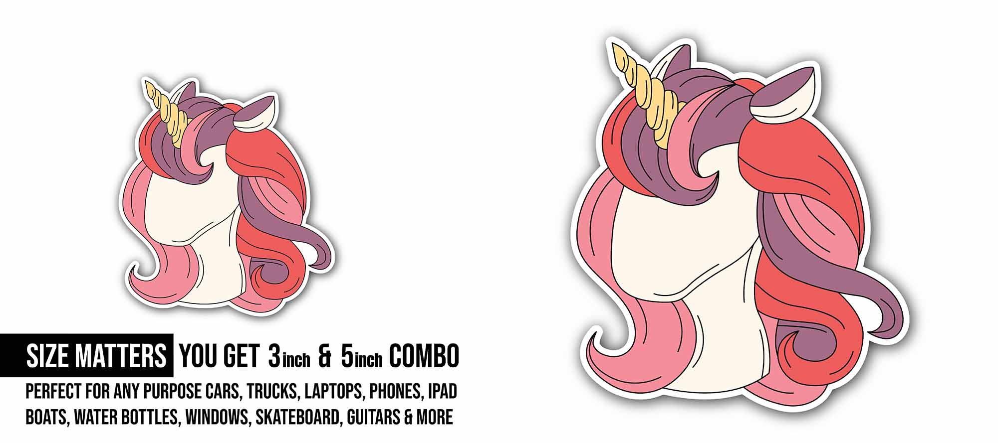 Unicorn Head Sticker, Waterproof Vinyl Decal Sticker Indoor Or Outdoor 2 (Pieces) 3" and 5"