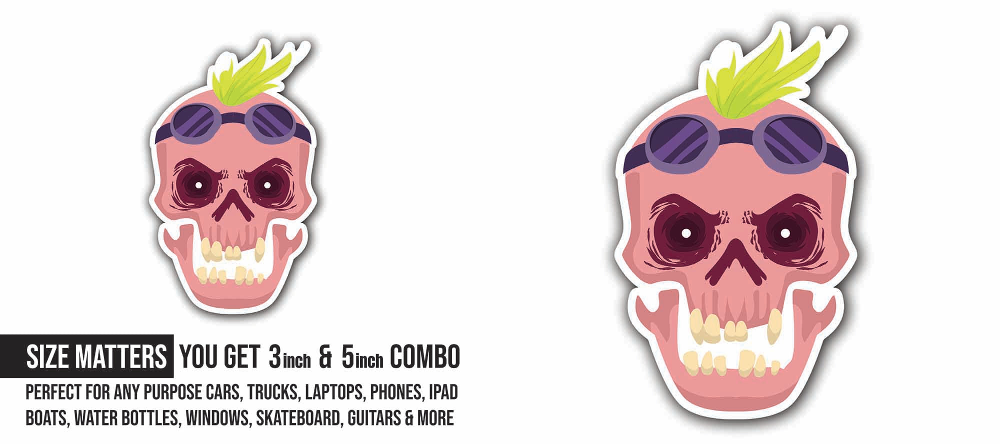 Glasses Skull Sticker, Waterproof Vinyl Decal Sticker Indoor Or Outdoor 2 (Pieces) 3" and 5"