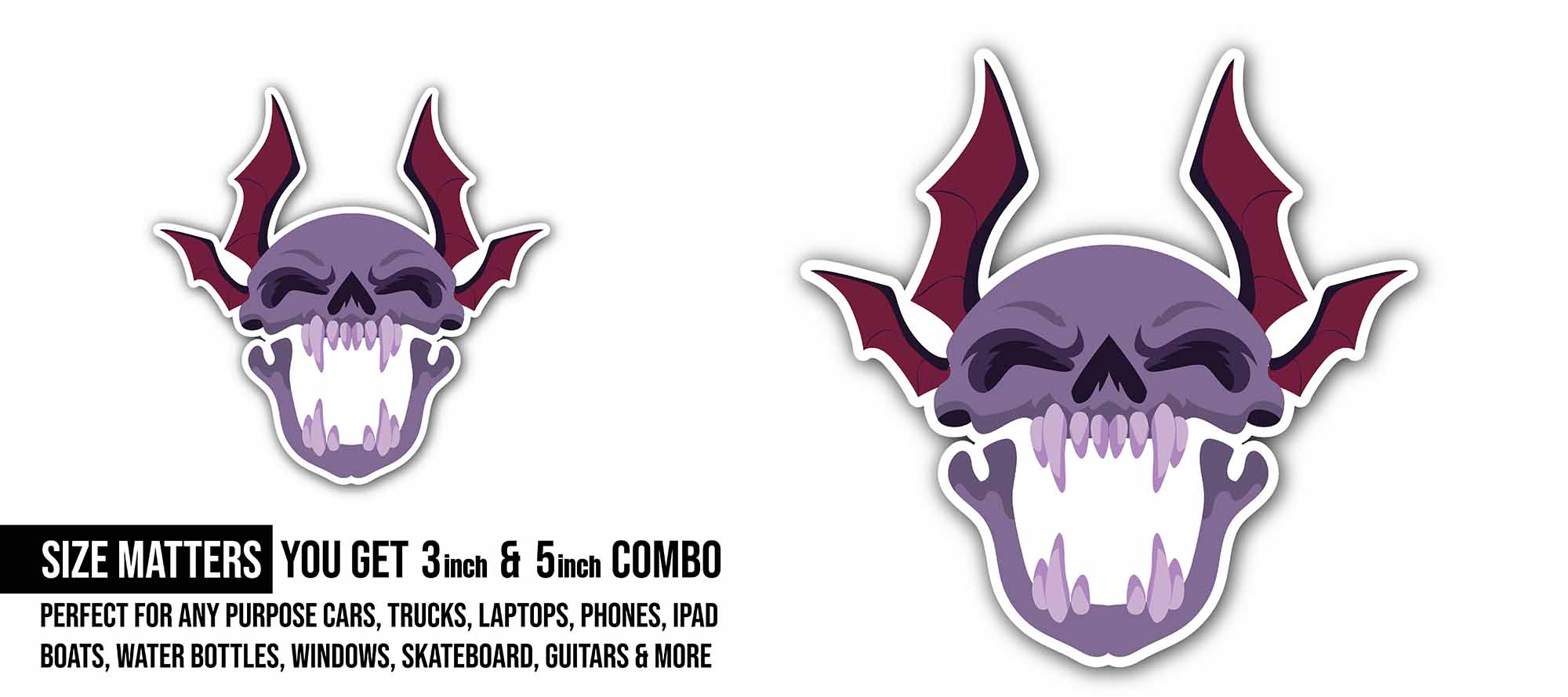 Skull Mascot Cartoon Sticker, Waterproof Vinyl Decal Sticker Indoor Or Outdoor 2 (Pieces) 3" and 5"