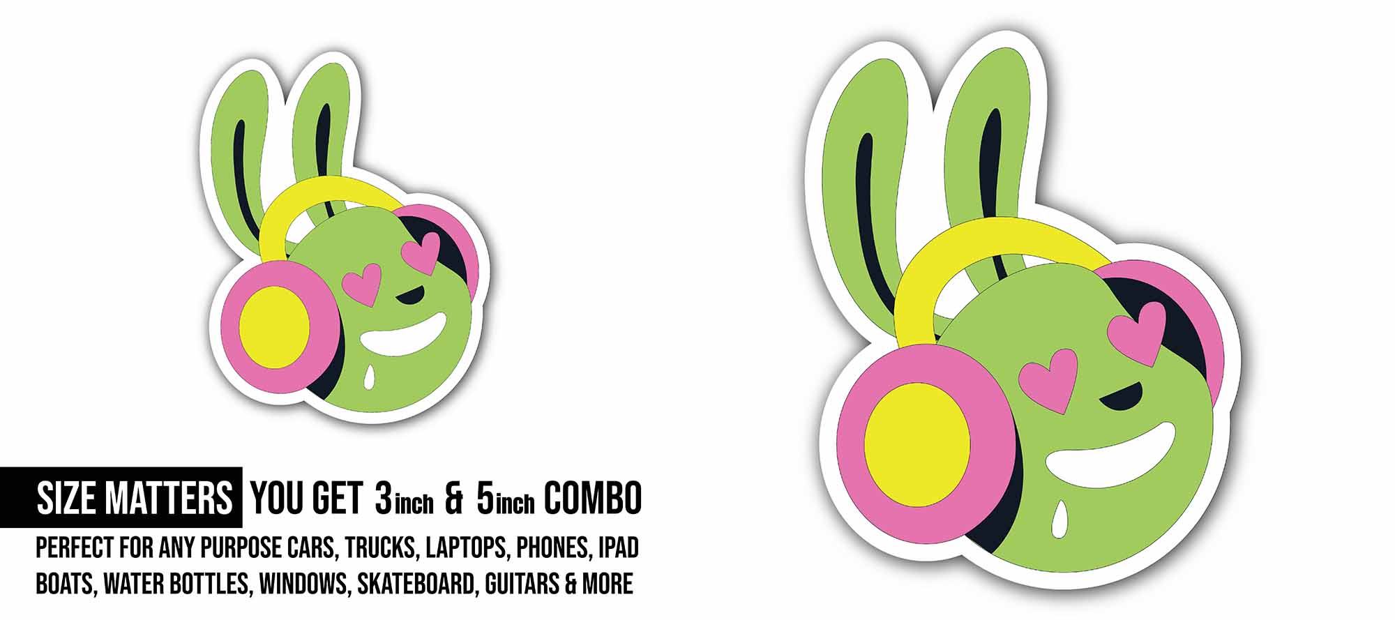Music Bunny Emoji Sticker, Waterproof Vinyl Decal Sticker Indoor Or Outdoor 2 (Pieces) 3" and 5"