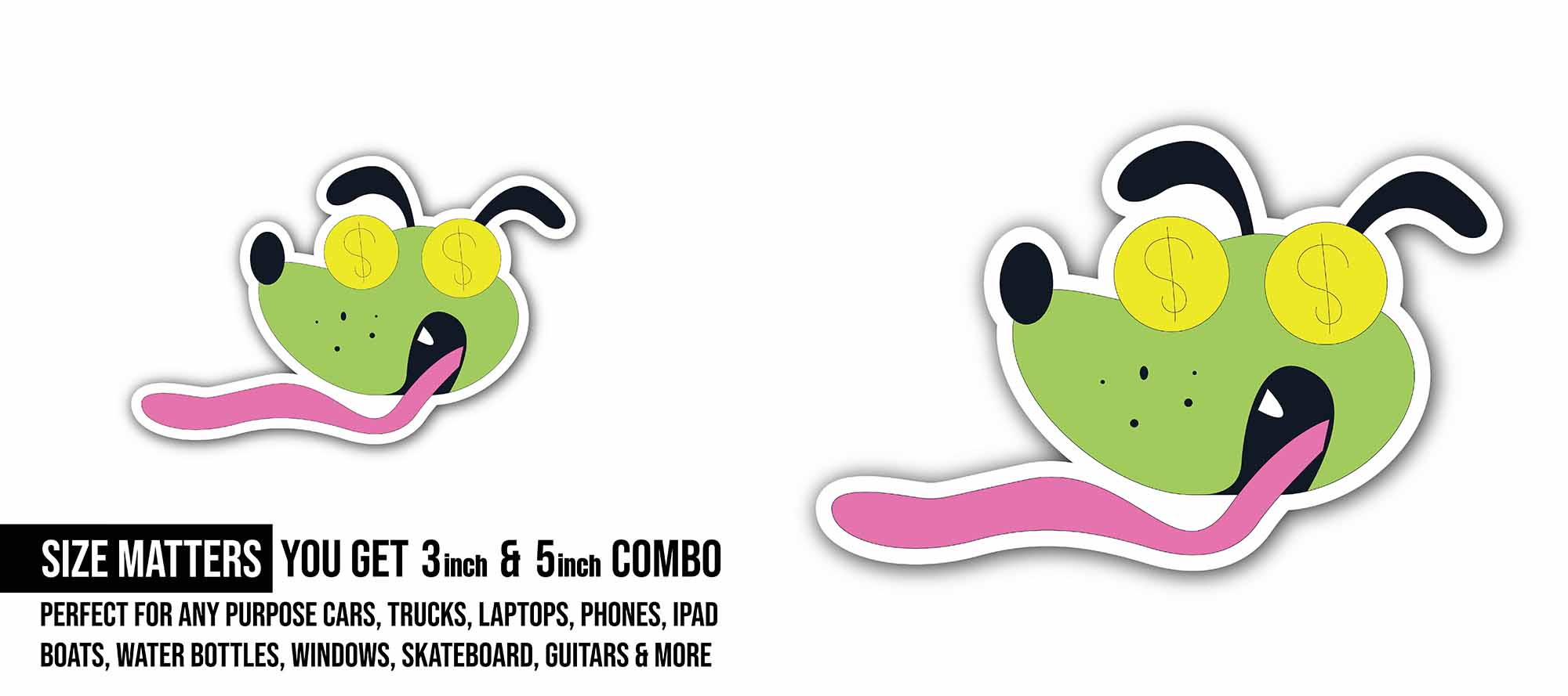 Green Dog Head Sticker, Waterproof Vinyl Decal Sticker Indoor Or Outdoor 2 (Pieces) 3" and 5"