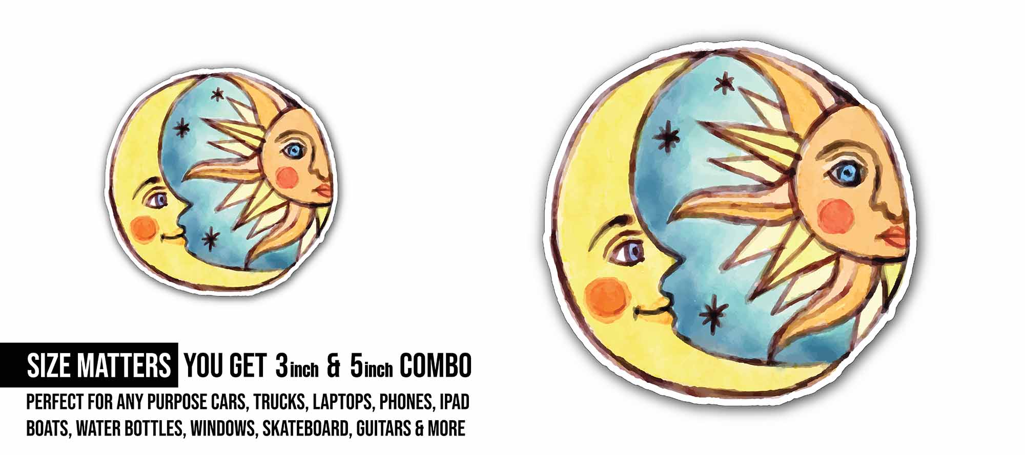 Sun and Moon Sticker, Waterproof Vinyl Decal Sticker Indoor Or Outdoor 2 (Pieces) 3" and 5"