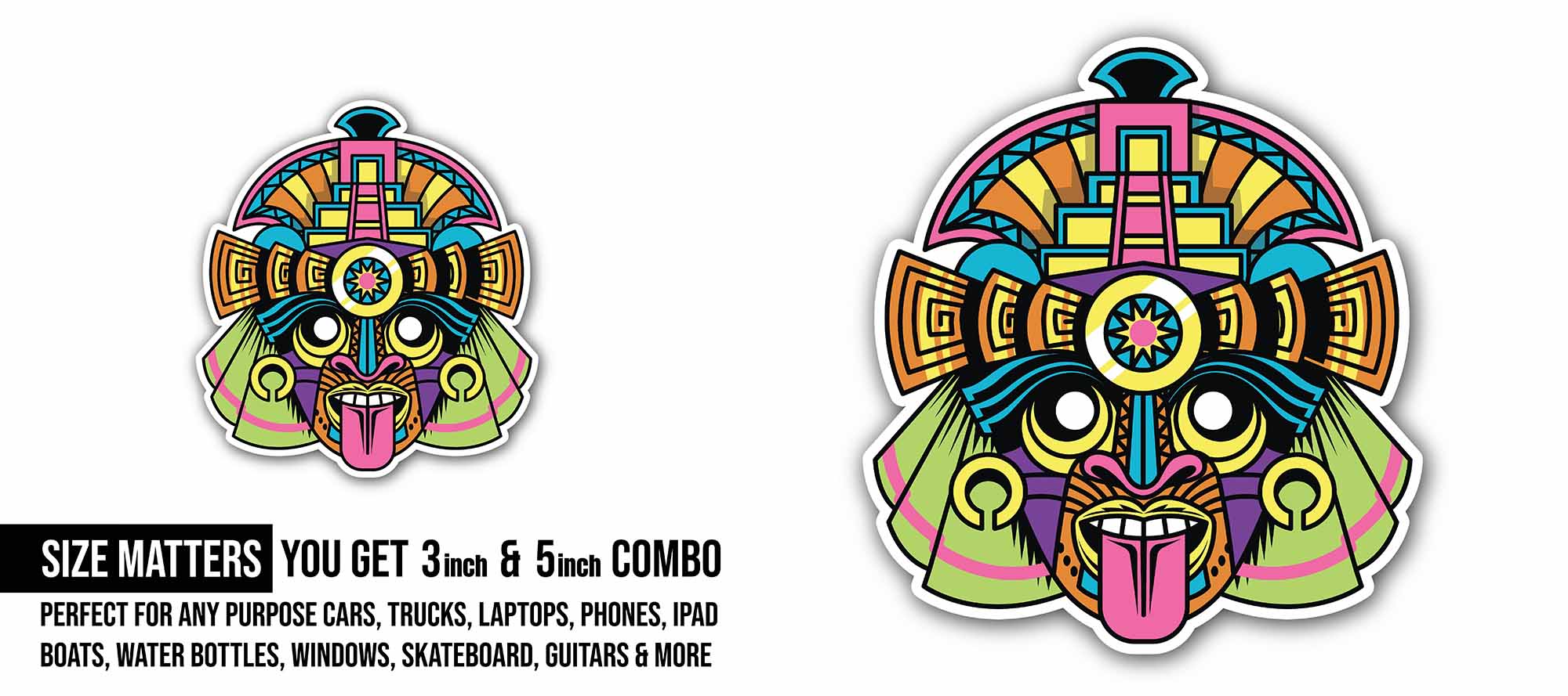 Hawaii Tiki Mask Cartoon Vector Sticker, Waterproof Vinyl Decal Sticker Indoor Or Outdoor 2 (Pieces) 3" and 5"