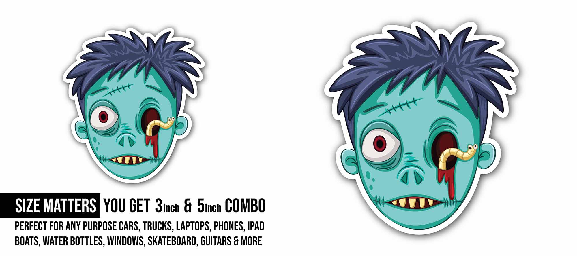 Dark Blue Hair & Zombie Face Sticker, Waterproof Vinyl Decal Sticker Indoor Or Outdoor 2 (Pieces) 3" and 5"