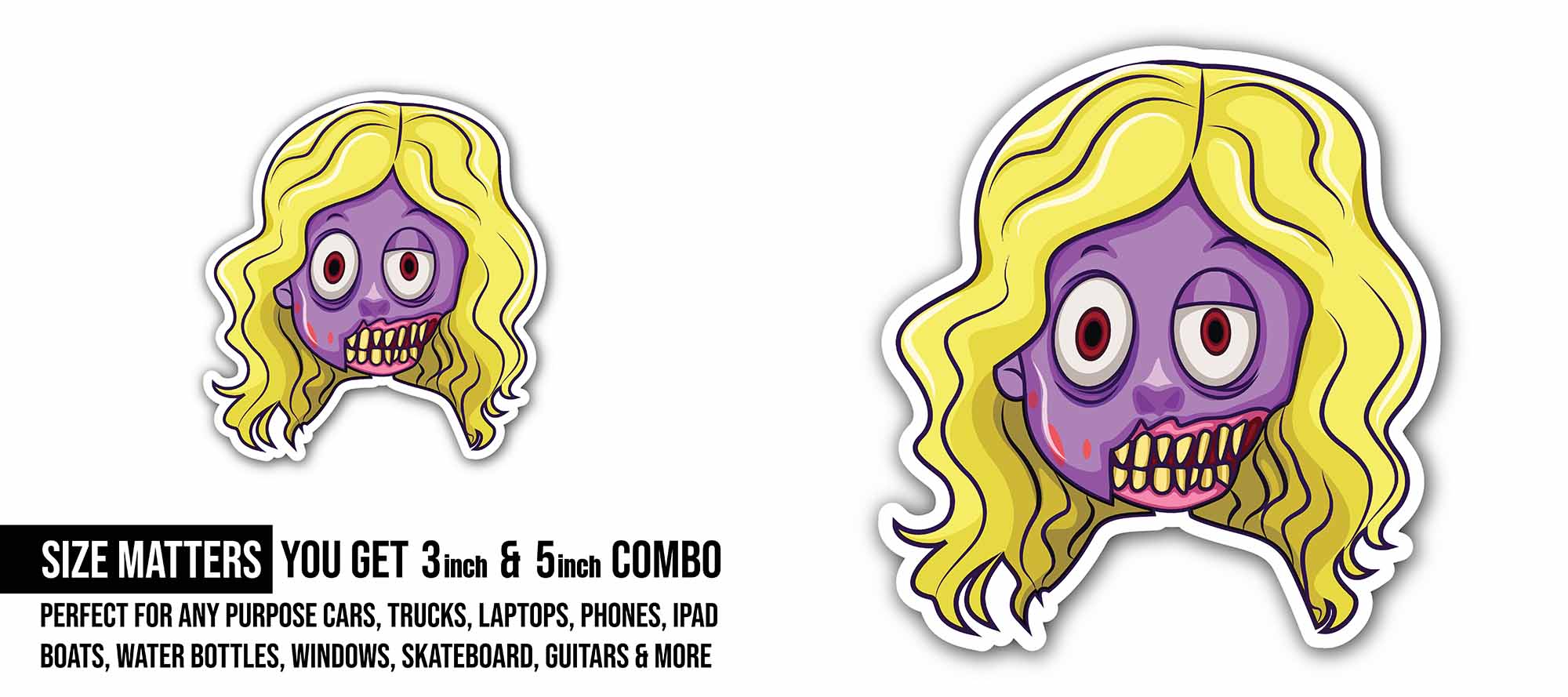 Yellow Hair & Zombie Girl Sticker, Waterproof Vinyl Decal Sticker Indoor Or Outdoor 2 (Pieces) 3" and 5"