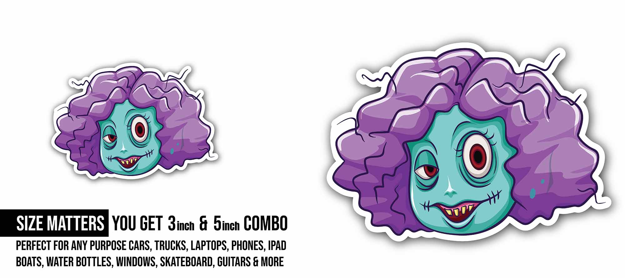 Smile Zombie Girl Sticker, Waterproof Vinyl Decal Sticker Indoor Or Outdoor 2 (Pieces) 3" and 5"