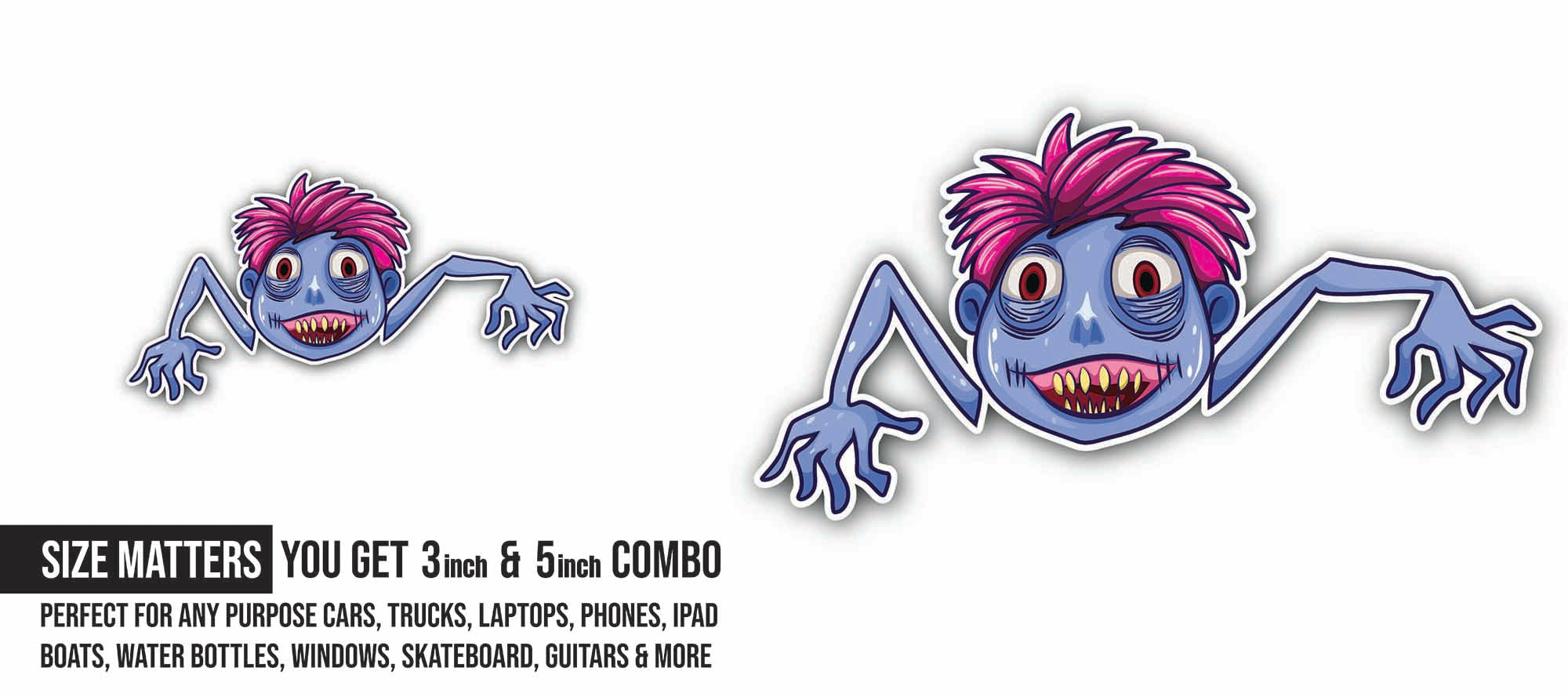Pink Hair Zombie Sticker, Waterproof Vinyl Decal Sticker Indoor Or Outdoor 2 (Pieces) 3" and 5"