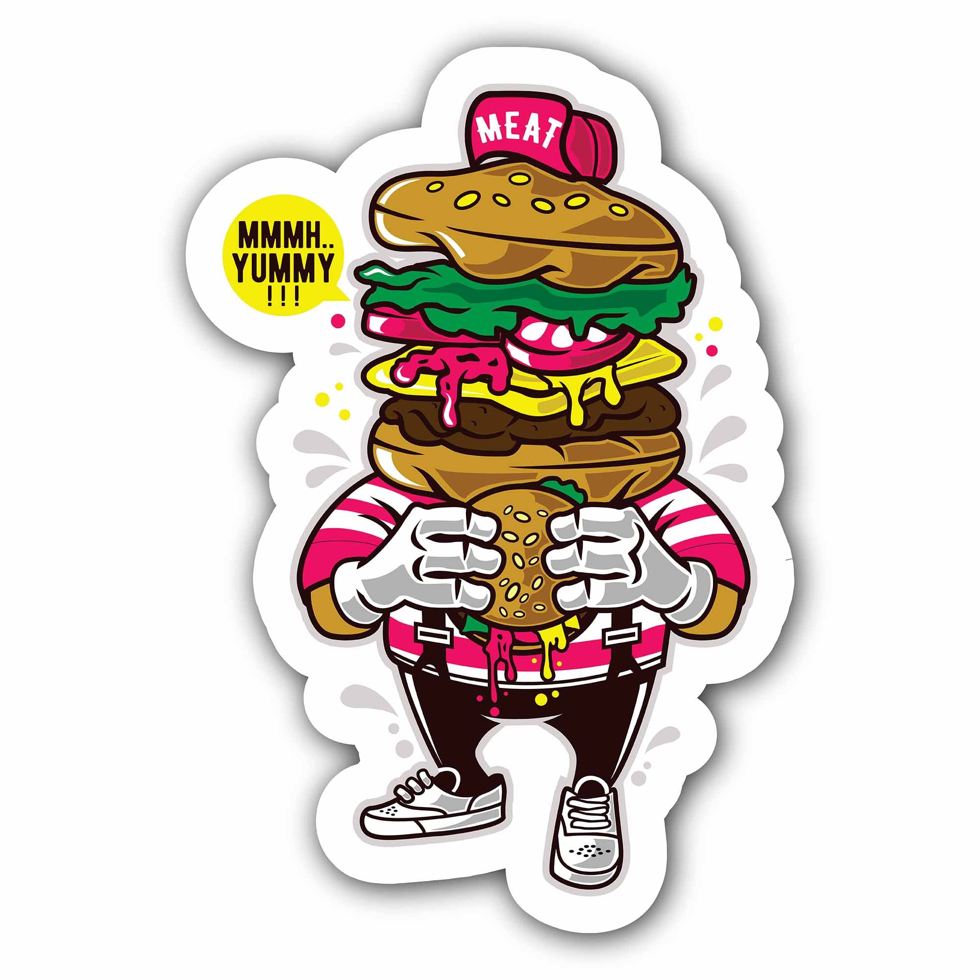Funny Burger Man Sticker, Waterproof Vinyl Decal Sticker Indoor Or Outdoor 2 (Pieces) 3" and 5"