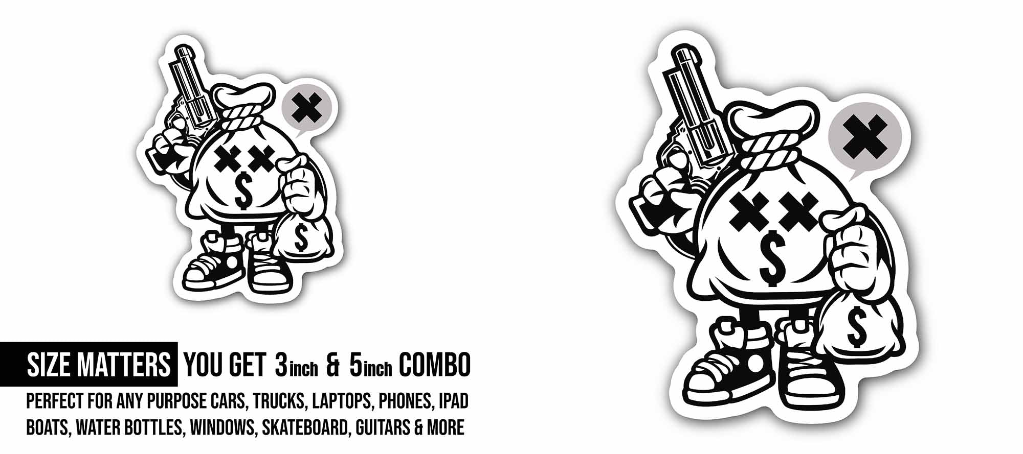 Gangster Money Bag Sticker, Waterproof Vinyl Decal Sticker Indoor Or Outdoor 2 (Pieces) 3" and 5"