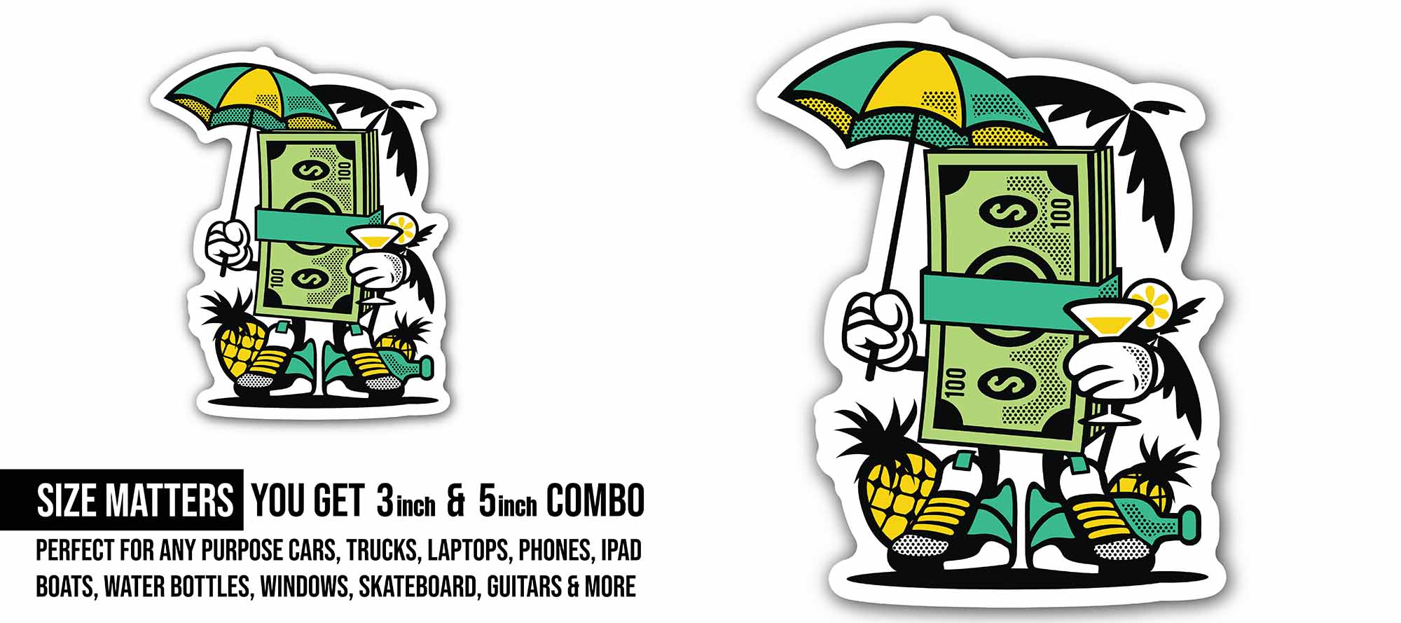 Money Man Sticker, Waterproof Vinyl Decal Sticker Indoor Or Outdoor 2 (Pieces) 3" and 5"