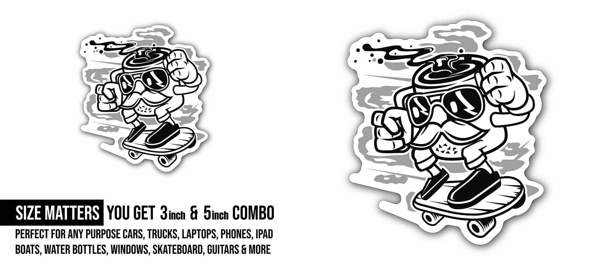Coffee Man and Skateboard Sticker, Waterproof Vinyl Decal Sticker Indoor Or Outdoor 2 (Pieces) 3" and 5"