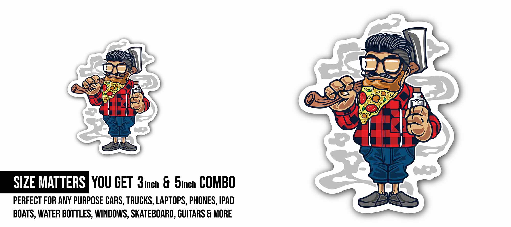 Pizza Beard Man Sticker, Waterproof Vinyl Decal Sticker Indoor Or Outdoor 2 (Pieces) 3" and 5"