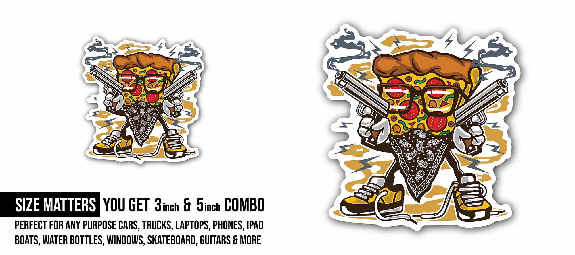 Funny Pizza Man Sticker, Waterproof Vinyl Decal Sticker Indoor Or Outdoor 2 (Pieces) 3" and 5"
