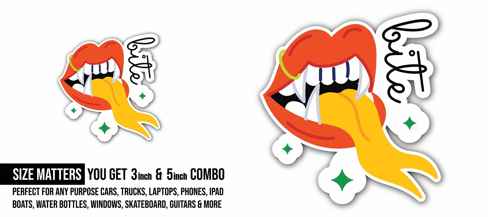 Bite Text and Vampire Teeth Sticker, Waterproof Vinyl Decal Sticker Indoor Or Outdoor 2 (Pieces) 3" and 5"