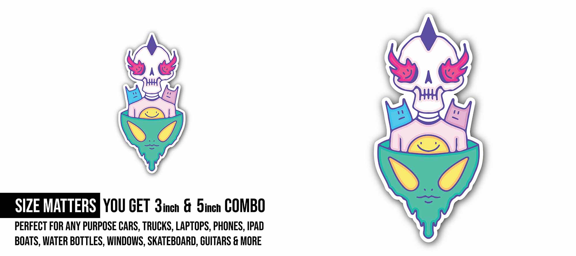 Alien Skull Sticker, Waterproof Vinyl Decal Sticker Indoor Or Outdoor 2 (Pieces) 3" and 5"