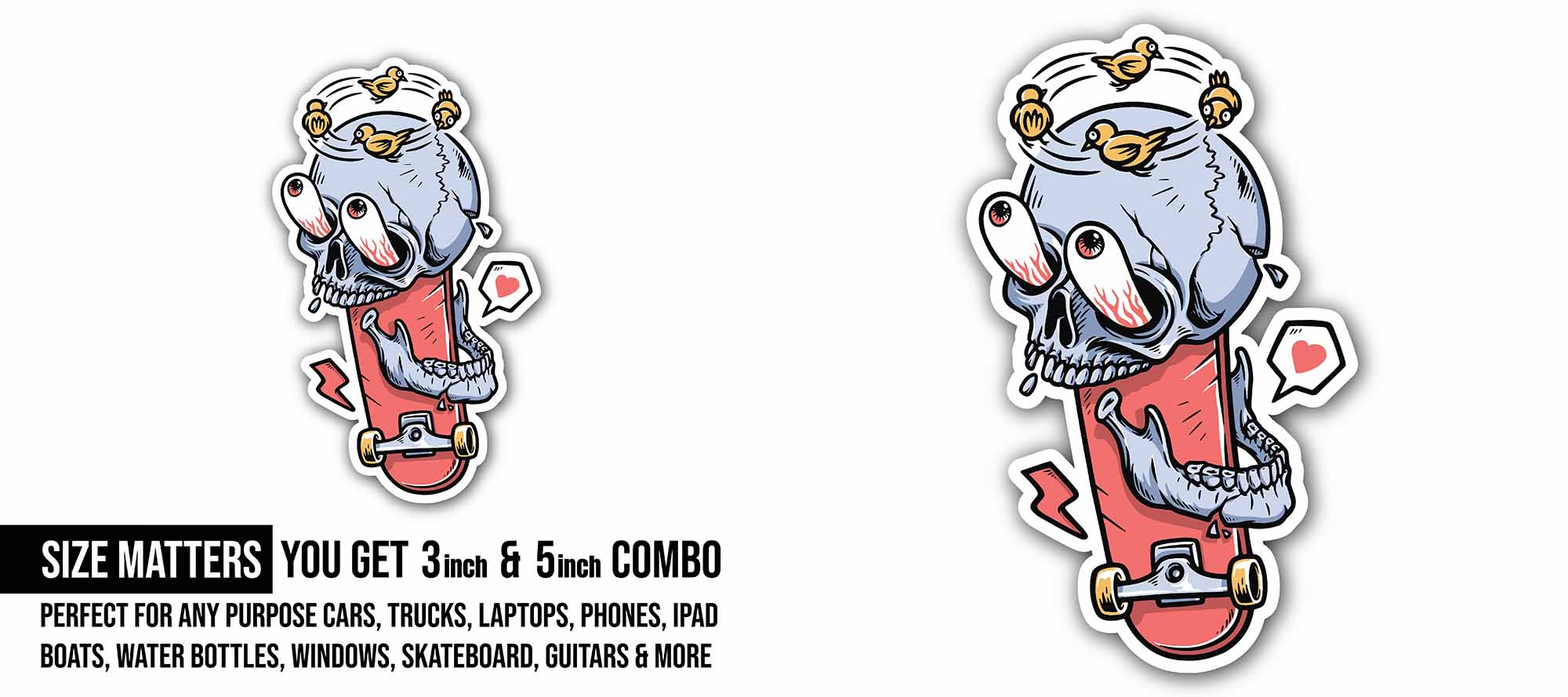 Skateboard with Skull Head Sticker, Waterproof Vinyl Decal Sticker Indoor Or Outdoor 2 (Pieces) 3" and 5"