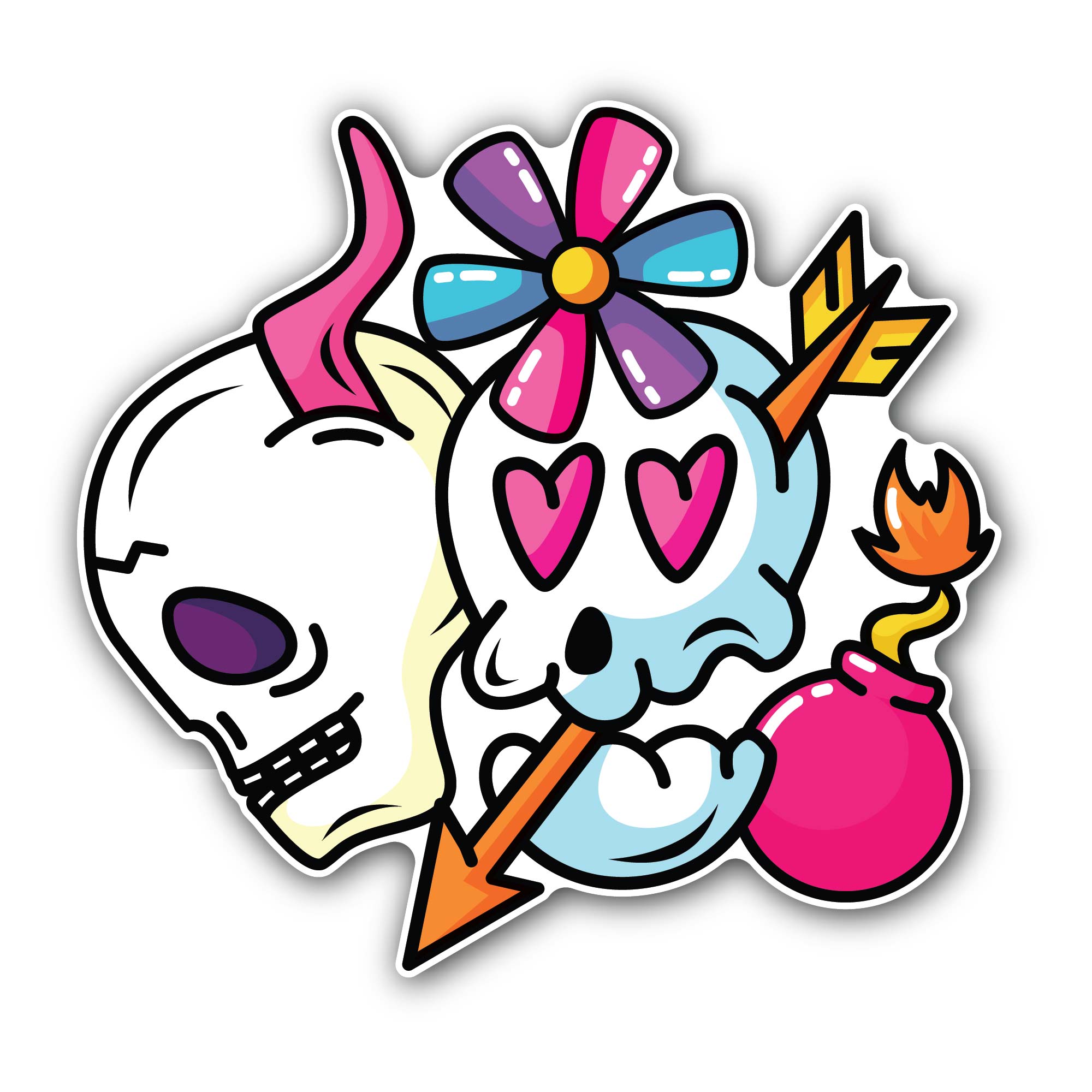 Flower & Bomb with Skulls Sticker, Waterproof Vinyl Decal Sticker Indoor Or Outdoor 2 (Pieces) 3" and 5"