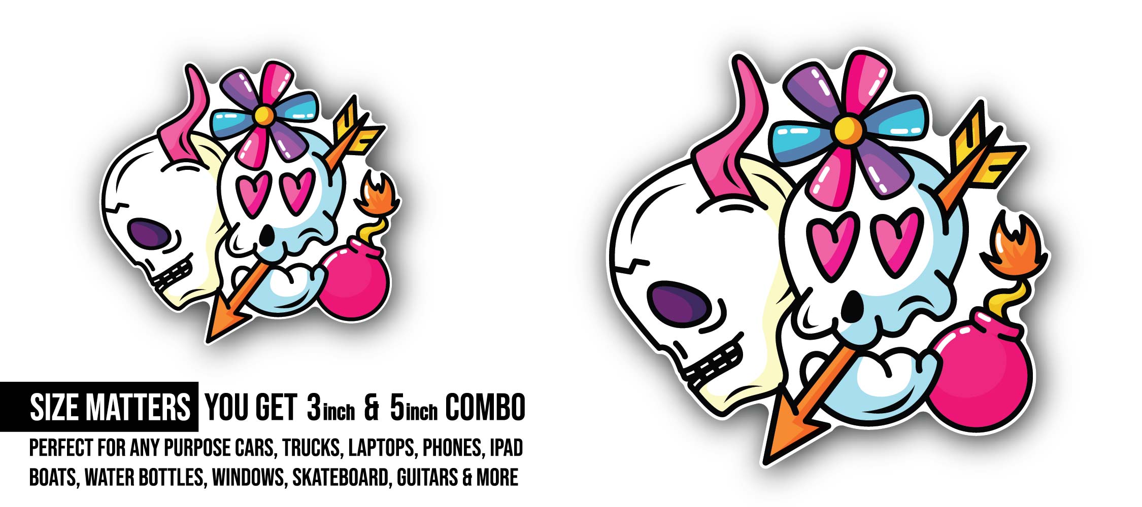 Flower & Bomb with Skulls Sticker, Waterproof Vinyl Decal Sticker Indoor Or Outdoor 2 (Pieces) 3" and 5"