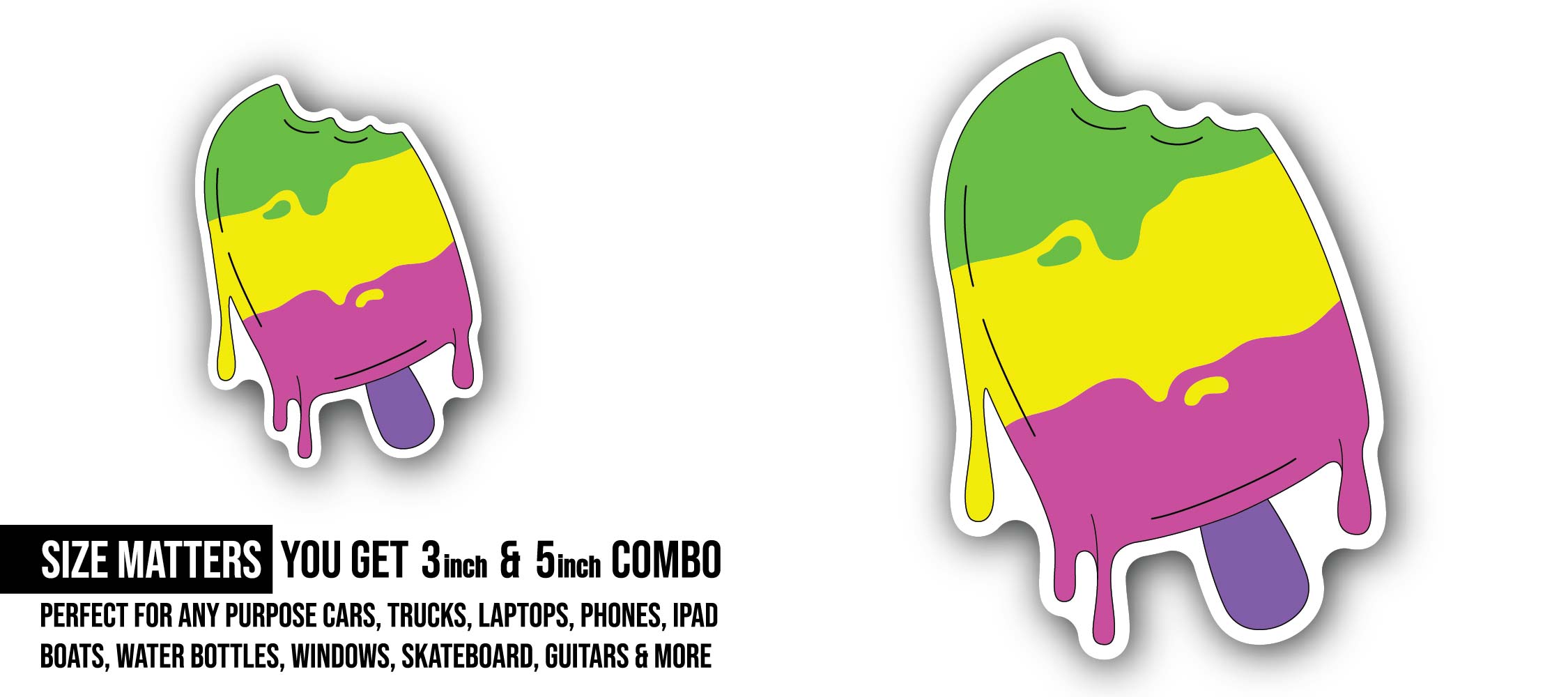 Cute Funny Ice Cream Sticker, Waterproof Vinyl Decal Sticker Indoor Or Outdoor 2 (Pieces) 3" and 5"