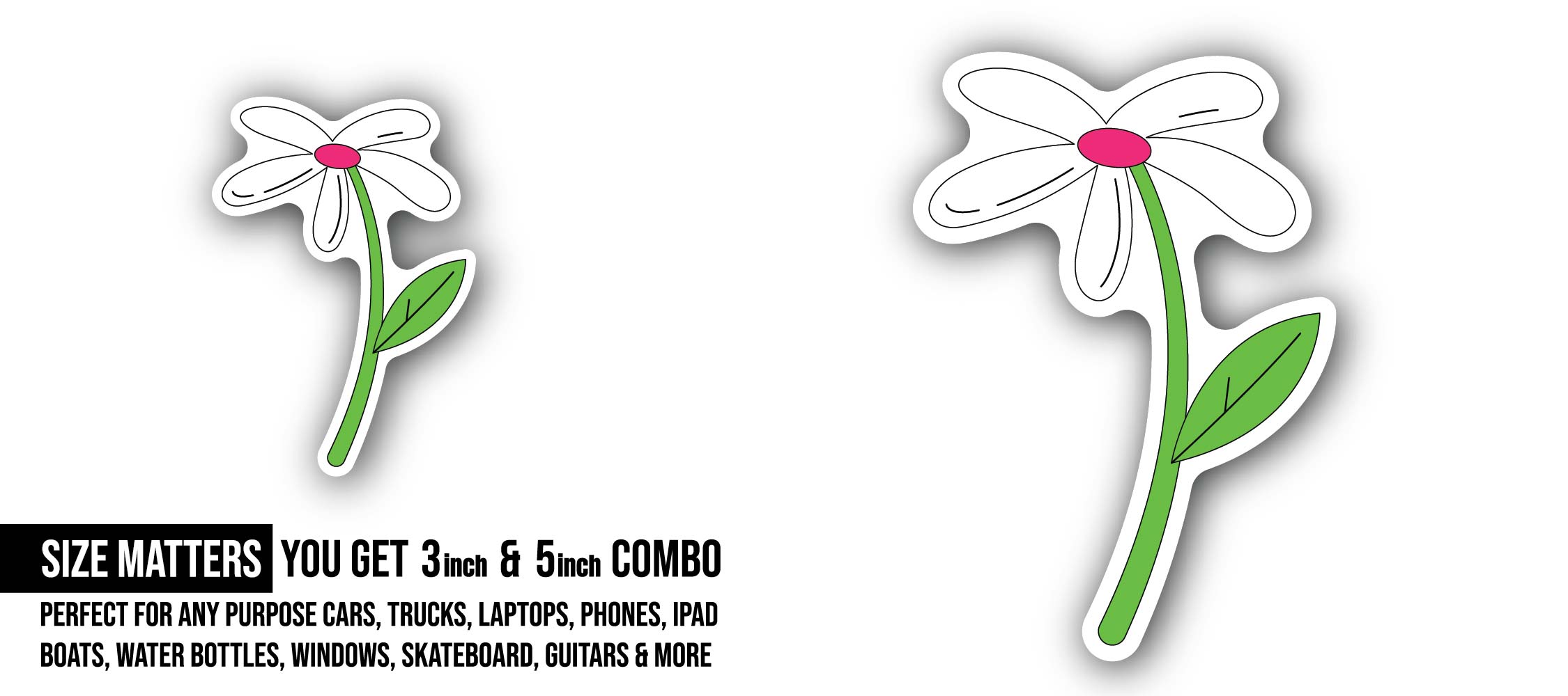 White Flower Sticker, Waterproof Vinyl Decal Sticker Indoor Or Outdoor 2 (Pieces) 3" and 5"