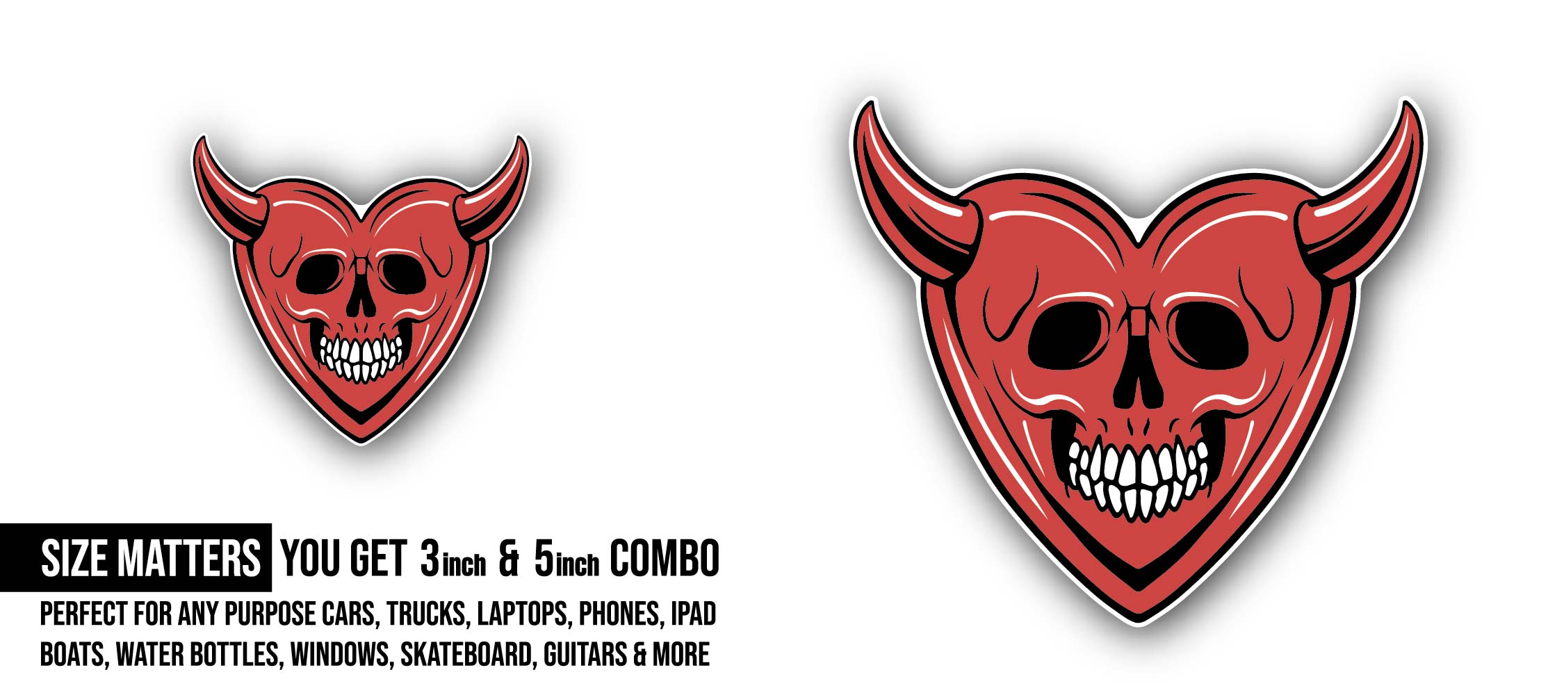 Devil Heart Sticker, Waterproof Vinyl Decal Sticker Indoor Or Outdoor 2 (Pieces) 3" and 5"