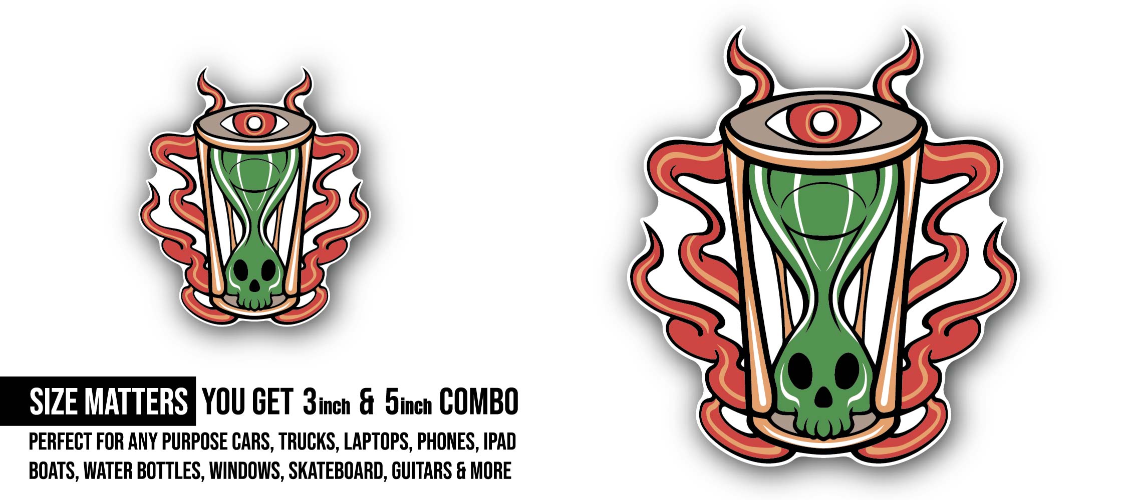 Skull Clock Sticker, Waterproof Vinyl Decal Sticker Indoor Or Outdoor 2 (Pieces) 3" and 5"